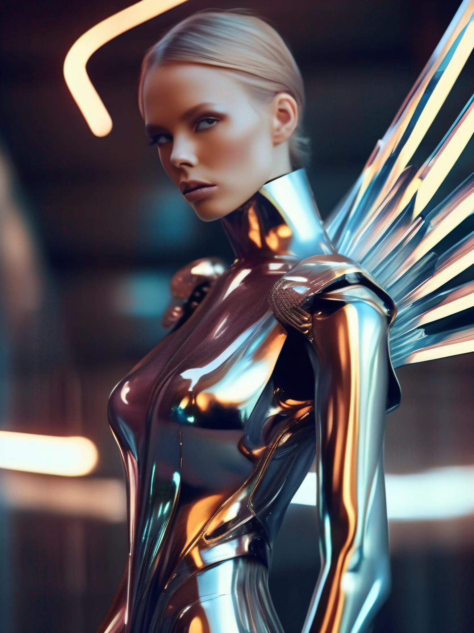 realistic photo, perfect gorgeous face, cyborg robotic angel posing menacingly, stylized by Gareth Pugh, metallic, iridescent, neon, fashion photography, uhd, photography by Guy Aroch, masterpiece, high quality, sharpness