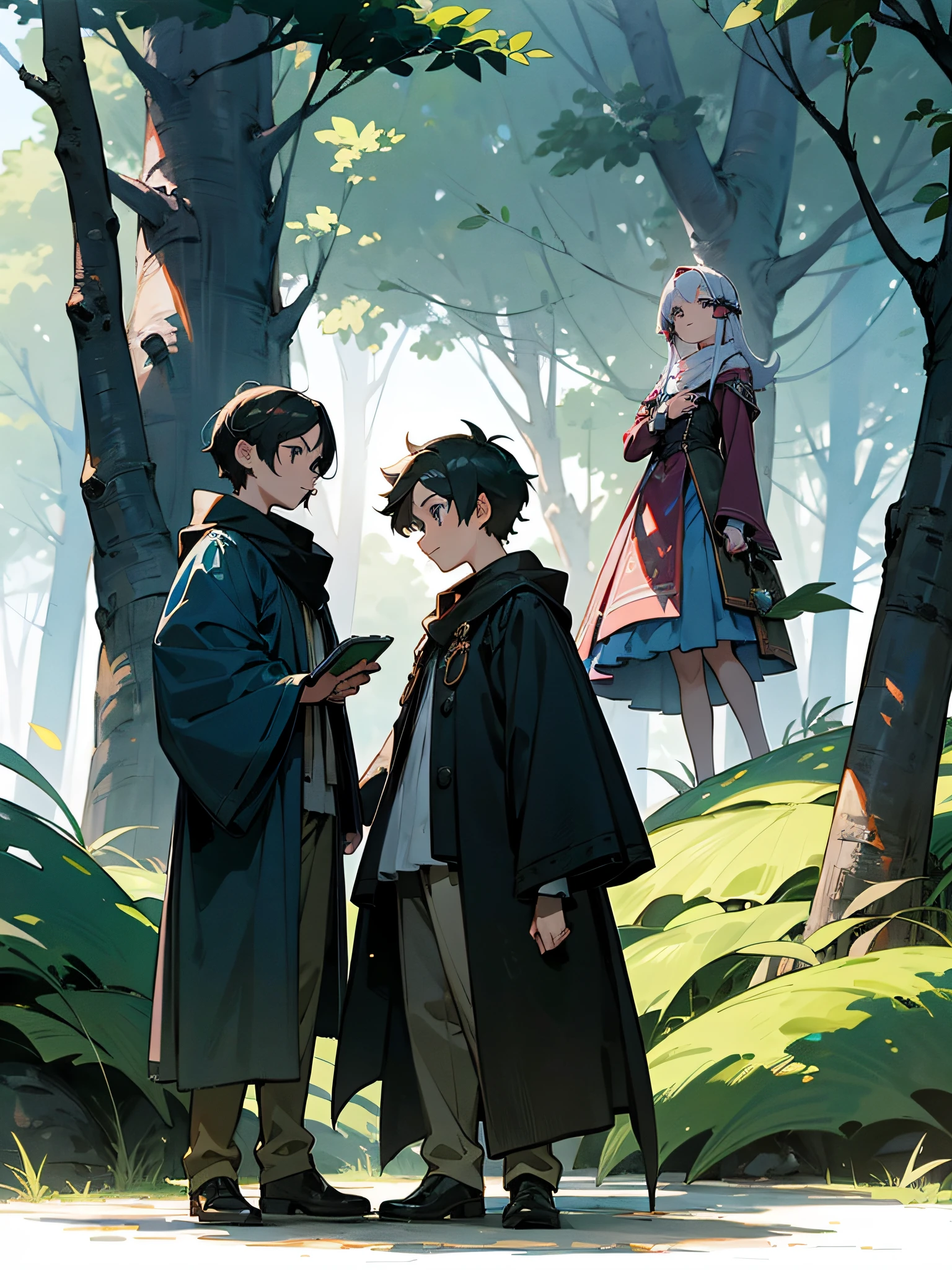 1 girl and 2 boys in a magical forest --auto