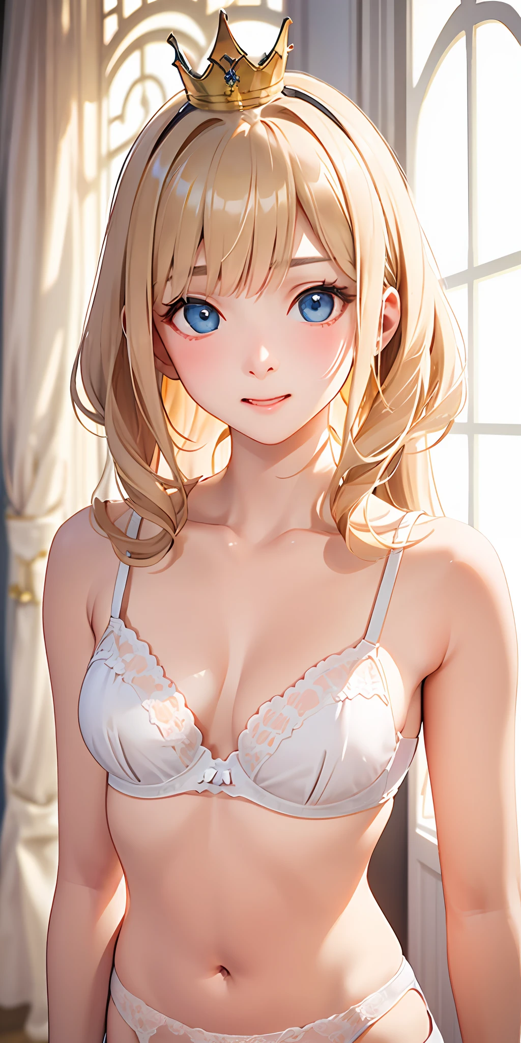 (Real: 1.4), (Masterpiece, Sidelights, Fine Beautiful Eyes: 1.2), Masterpiece*Portrait、、、、, Realistic, 3D Face, Glistening Eyes, Glossy Hair, Skin Falling Out, Solo、、、、, Embarrassing, (Epigastric), White Underwear, Blonde Hair, (Princess)