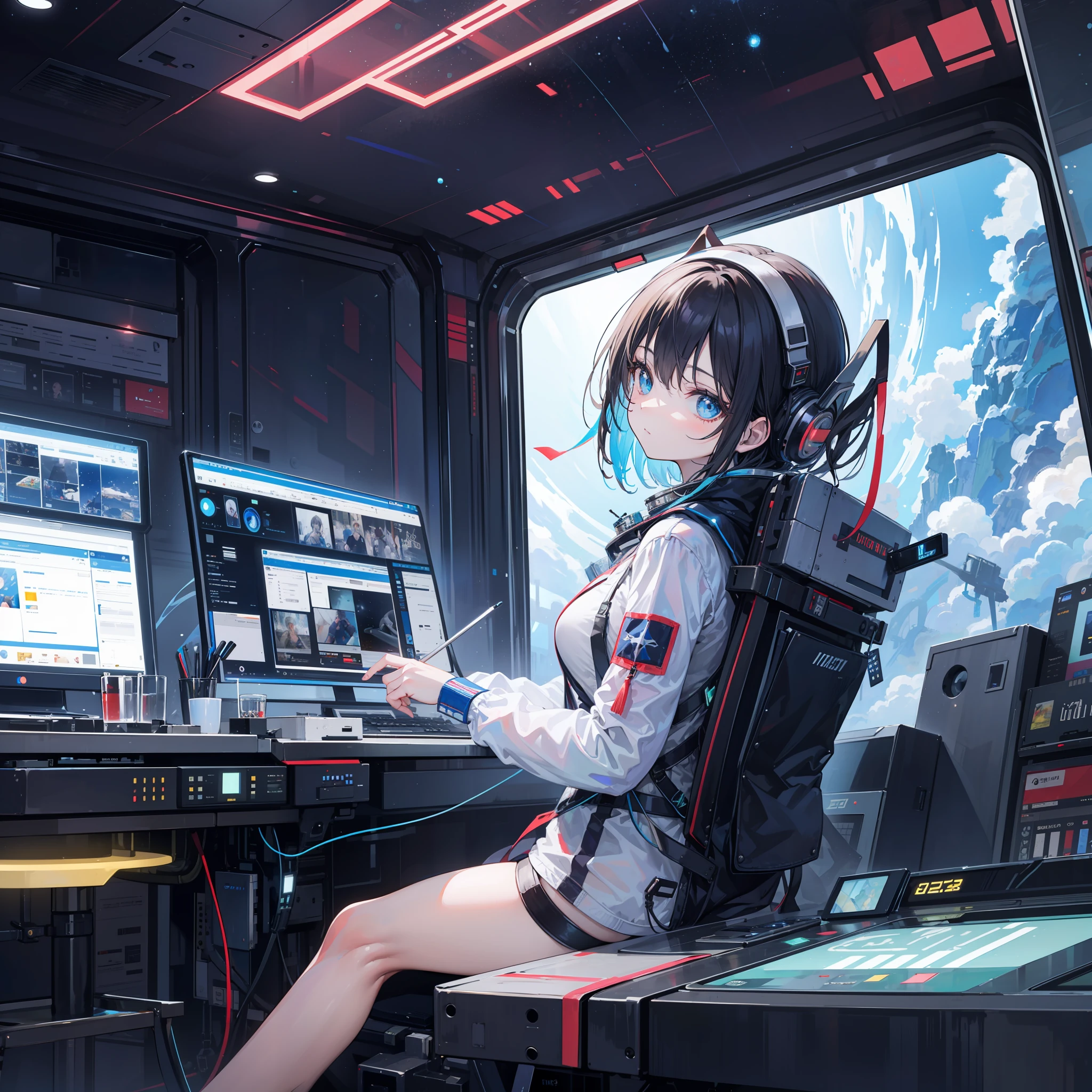 cute girl in a spaceship, sitting, playing buttons, tecnological, space suit, without helmet, glass, space window, gorgeous, (masterpiece), best quality, expressive eyes, perfect face, sensual, colorfull eyes, reflections,amazing, side view