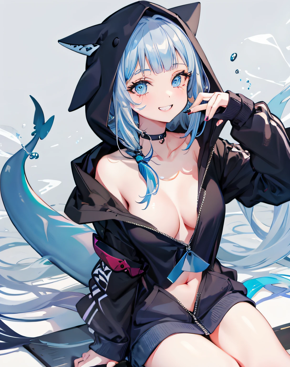 naked hoodie, 1girl, virtual youtuber, solo, tail, gawr gura, navel, blue eyes, multicolored hair, fish tail, hood, looking at viewer, smile, blush, bangs, blue hair, sitting, breasts, streaked hair, shark tail, hair ornament, grey hair, large breasts, animal hood, long sleeves, blunt bangs, blue hoodie, bandaid, choker, hood up, grin, grey background, collarbone, sharp teeth, bubble, shark girl, stomach, long hair, blue nails, shark hood,