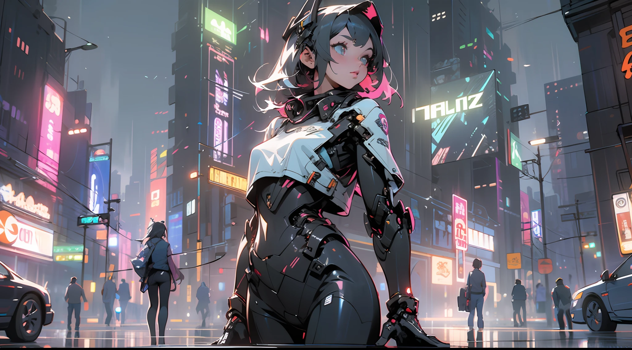 ((Best quality)), ((detailed)), ((masterpiece)) - In a neon-lit metropolis of the future, a cyberpunk world comes to life. Towering skyscrapers with holographic advertisements stretch into the sky, while flying vehicles whiz by overhead. Dressed in sleek, futuristic attire, a group of rebels stands ready to challenge the oppressive regime. Their cybernetic enhancements and glowing tattoos add to the overall futuristic aesthetic, creating a scene that is both gritty and captivating. (Digital illustration: 1.2, high resolution: 1.1)