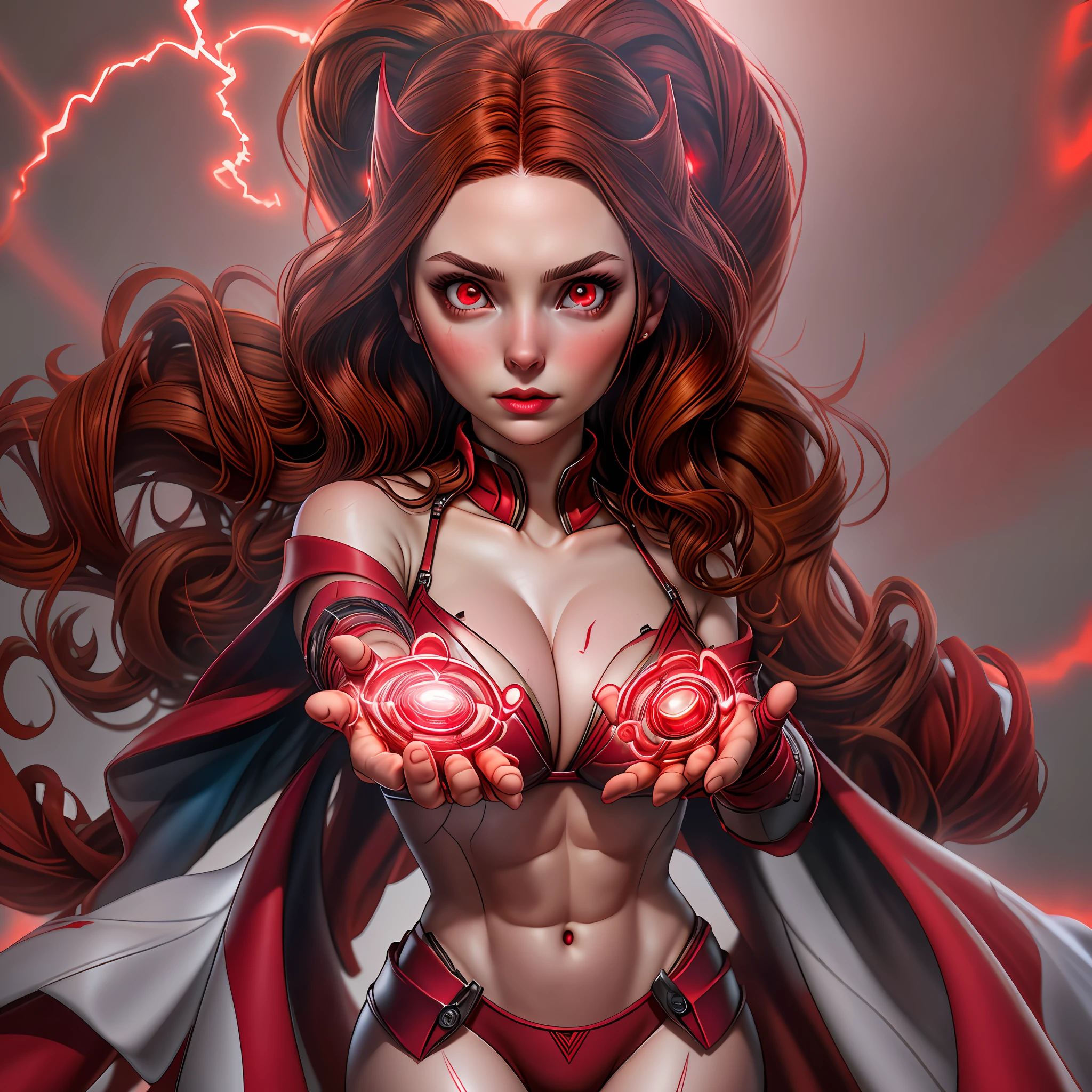 Scarlet Witch, Wanda Maximoff, cleavage, red cape, red gloves, helmet, (white girl), (white skin:1.25), long (lit red) hair in all background, (lit red) hair with ponytail, (lit red eyes), (red bikini) with ruby details, red ray lights background, showing hand palm, (magic powerful red ball light in hand)