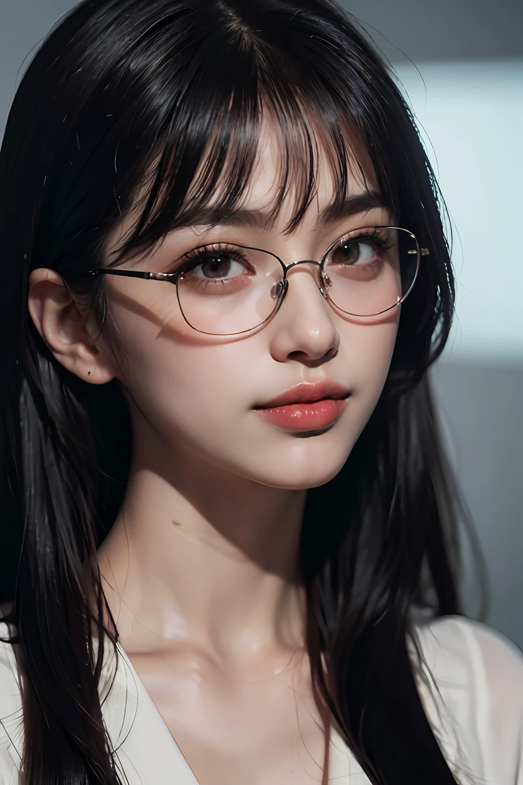 (8k, RAW, Photorealistic: 1.25), (Lip Gloss, Eyelashes, Tear Bags, Crisp Bangs, Glossy Face, Glossy Skin, Best Quality, Ultra High Resolution, Depth of Field, Chromatic Aberration, Caustics, Wide Lighting, Natural Shading, Kpop Idol) glasses, calm, black hair, long hair, smile, piece
