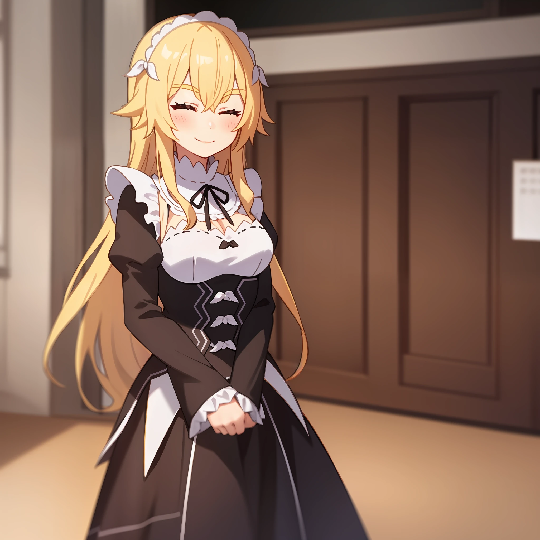 Anime Screenshot, 1 girl, Roswaal Mansion maid uniform, solo, blonde hair, long hair, maid, eyes closed, skirt grip, cleavage, smile, black ribbon, inside, hair between eyes, maid headdress, standing, skirt, bow, medium breasts, enmaided, white apron, long sleeves, apron, black skirt, HENTAI