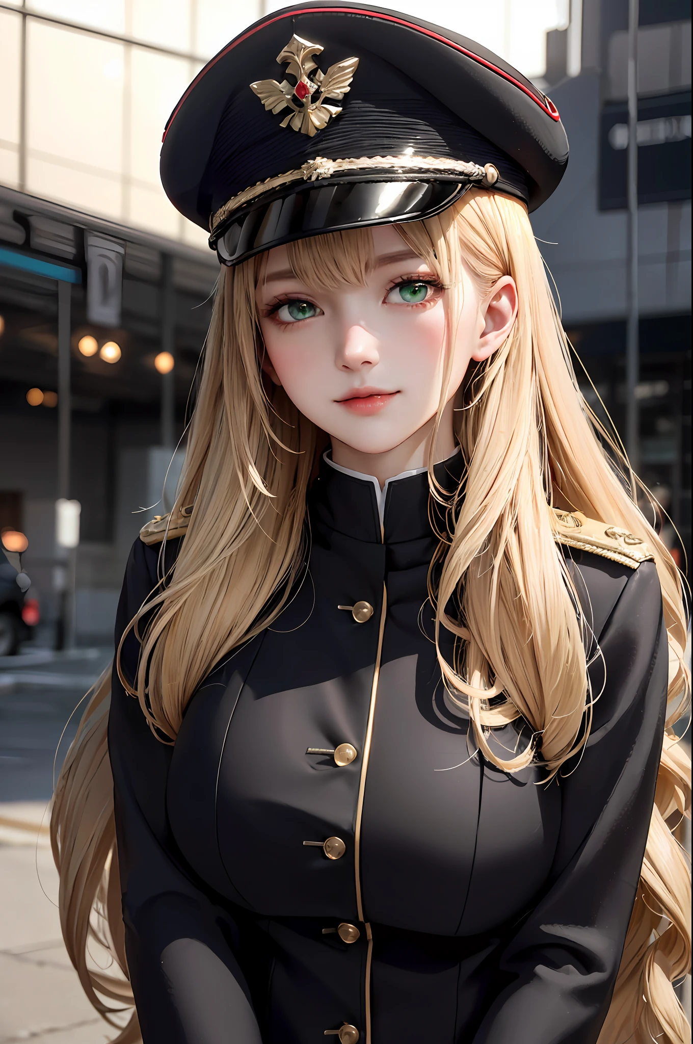 Masterpiece, Best Quality, 8K, Detailed Skin Texture, Realistic, Detailed Cloth Texture, Beautiful Detail Face, Intricate Details, Solo, 1 Cute Anime Girl, 18 years old, Ultra detailed, detailed hair, Long blonde hair, Qi bangs, Blush, Light smile, (Open eyes: 1.3, Green eyes), (Eye reflection: 1.6), (Smooth, skin reflects light), (Slim, Flame Emblem theme, black and red Garreg Mach Monastery uniform dress, high slit at the sides, black and red military cap, dynamic pose, updraft, detailed clothing details), (big breasts (d)), thighs, extreme gorgeousness, fantasy style, urban background, depth of field, side shots