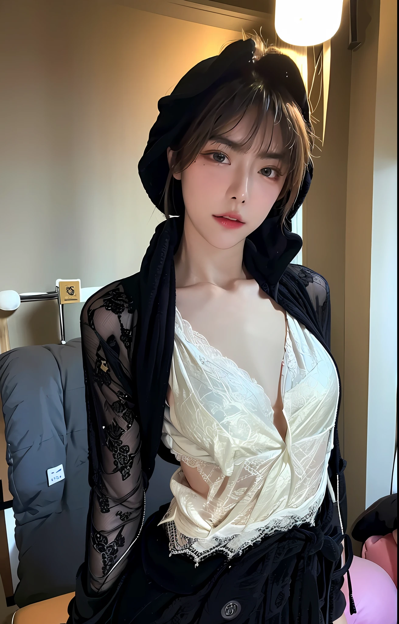Best Quality, Masterpiece, Ultra High Resolution, (Realistic:1.4), Original Photo, 1girl, ((Black Lace Dressing Gown)), ((Small Chest)), Cool Light, NSFW