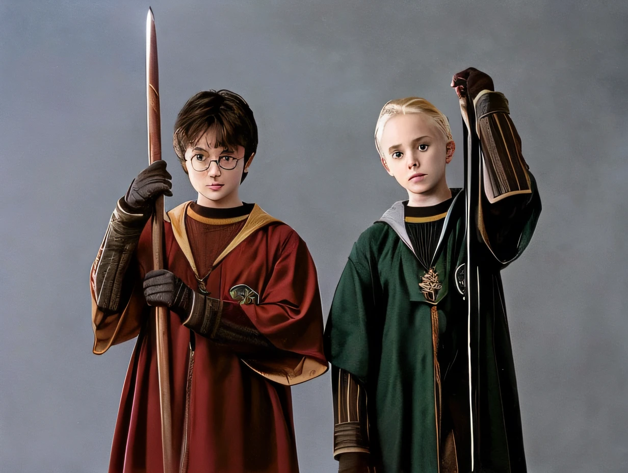 harry potter and hermione in harry potter costume, holding wands, film still from harry potter, similar to malfoy, still from harry potter, wearing dark green robes, elijah wood as harry potter, wearing wizard robes, draco, holding the elder wand, still from harry potter movies, wearing hogwarts!!! robes!!!, wearing red sorcerers robes, harry