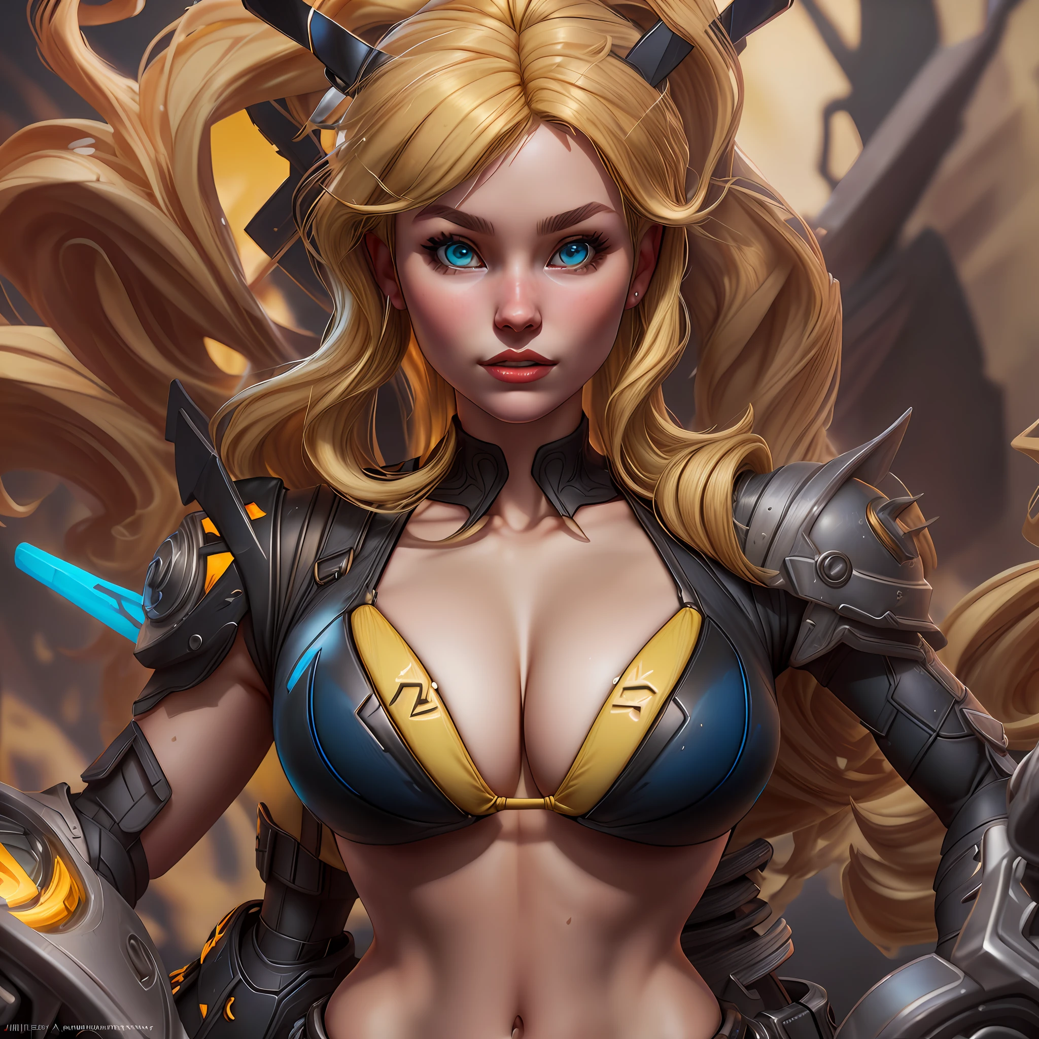 Magik, Illyana Rasputina, Soul Sword, midriff, exposed shoulders, (((blond girl))), (white skin:1.25), long yellow blonde hair in all background, (((extra blonde hair))), yellow blonde hair with ponytail, bright blue eyes, (((black micro bikini))), (black bikini), exposed shoulders, cleavage, yellow gloves, right arm metalic, thigh highs, foreshortening, volumetric lighting, intricate details, tonemapping, sharp focus, hyper detailed, trending on Artstation