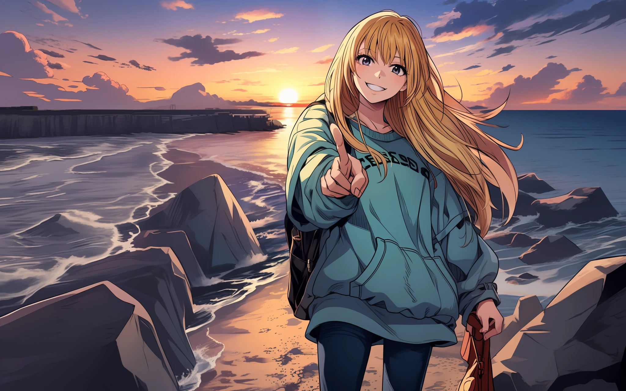 anime girl with long hair walking on beach with bag and text, with index finger, blonde hair, jacket, holding an army hat, jeans, beach, rocks, cloud, sunset, smile, happy, color manga, manga color, color manga, color manga panel, simple background