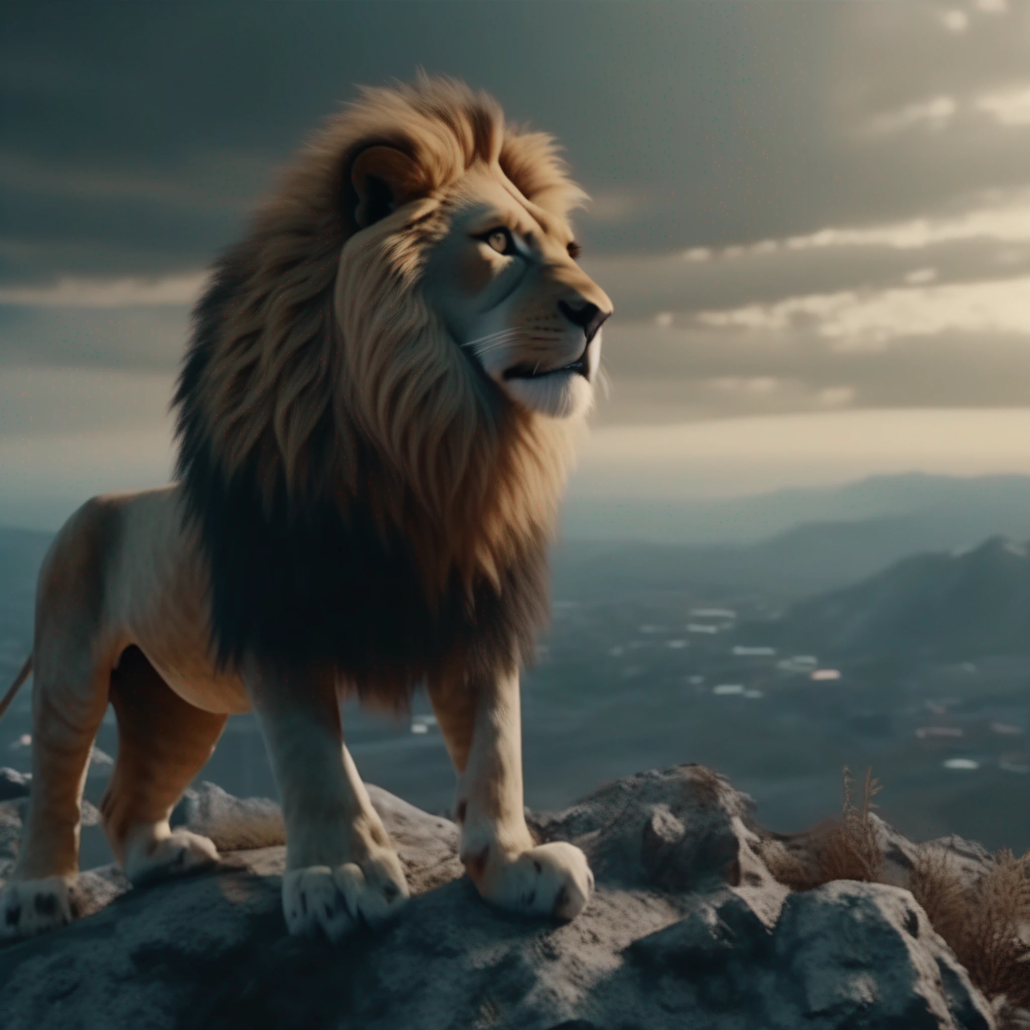 A lion on top of a mountain, apocalyptic movie scene high quality, ultra detailed, 8k