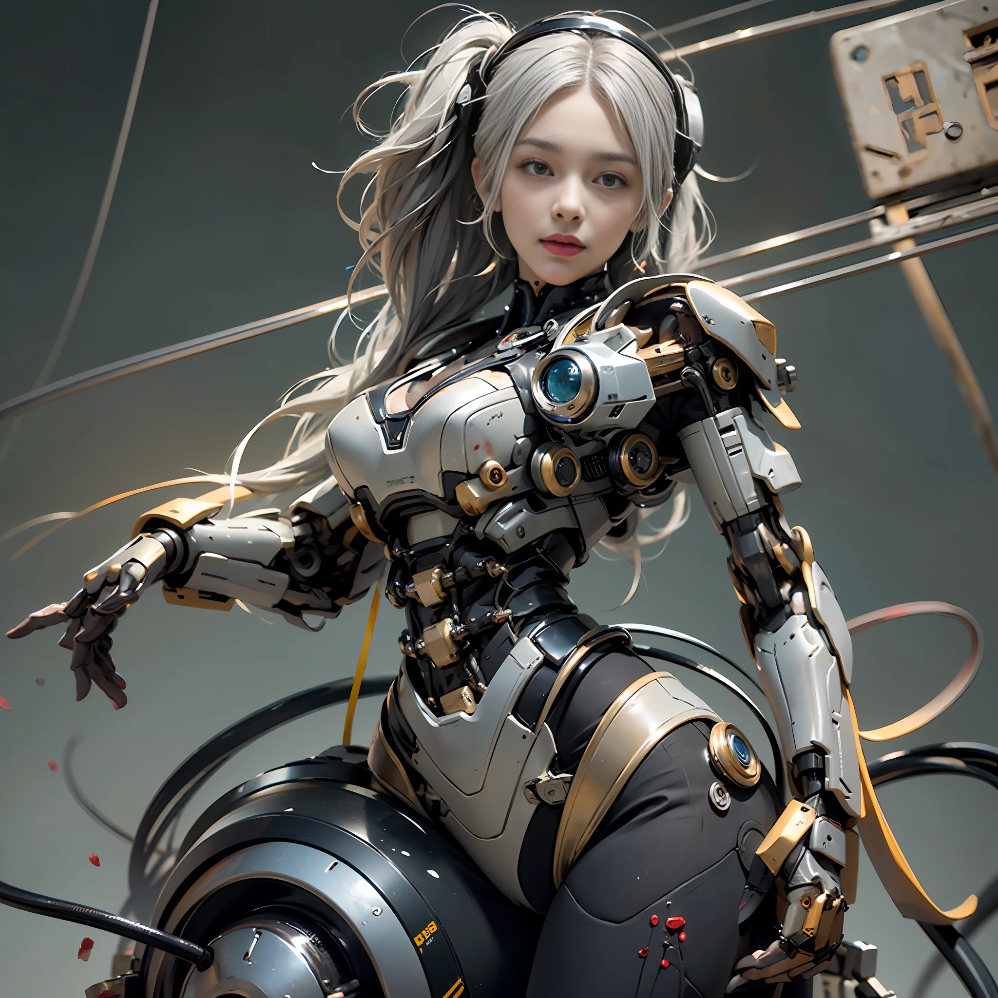 Beautiful Face,face is Japan, 1 Woman, Big, Curvaceous, (16k, RAW photo, top quality, masterpiece: 1.2), (HDR, Realistic, Photorealistic: 1.37) (tube attached to the body), (Bikini Cyborg robot parts)))), (light gray hair), Long hair, Wavy hair, Twin tails, Medium shot, ( Seductive smile)), (black eyes), double eyelids, princess cut, from below, (whole body),posing,,in the lab,( tube connected to blood vessel),((mechanical vertebrae attached to the back)),((mechanical neck attached to the neck)),(wire and cable attached to head and body),(character focus),science fiction,perfect female figure,perfect anatomy, hyperanatomy, full body shot, relationship between up to 4 fingers and 1 thumb, spherical joint,