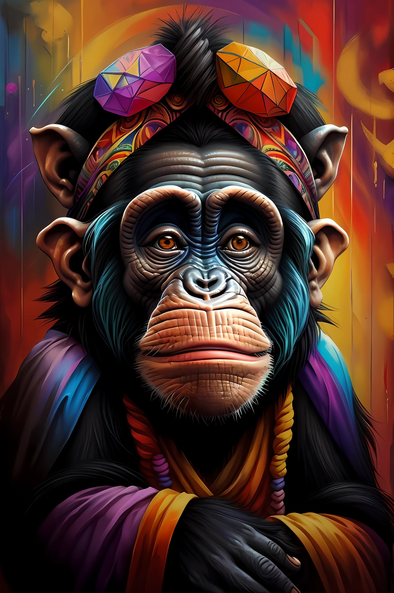 Meditating Chimpanzee ),happy,laughing,ear, Eduardo Kobra padding ,wall PORTRAIT geometric multidimensional, art, chibi,
yang08k, beautiful, colorful,
masterpieces, top quality, best quality, official art, beautiful and aesthetic,