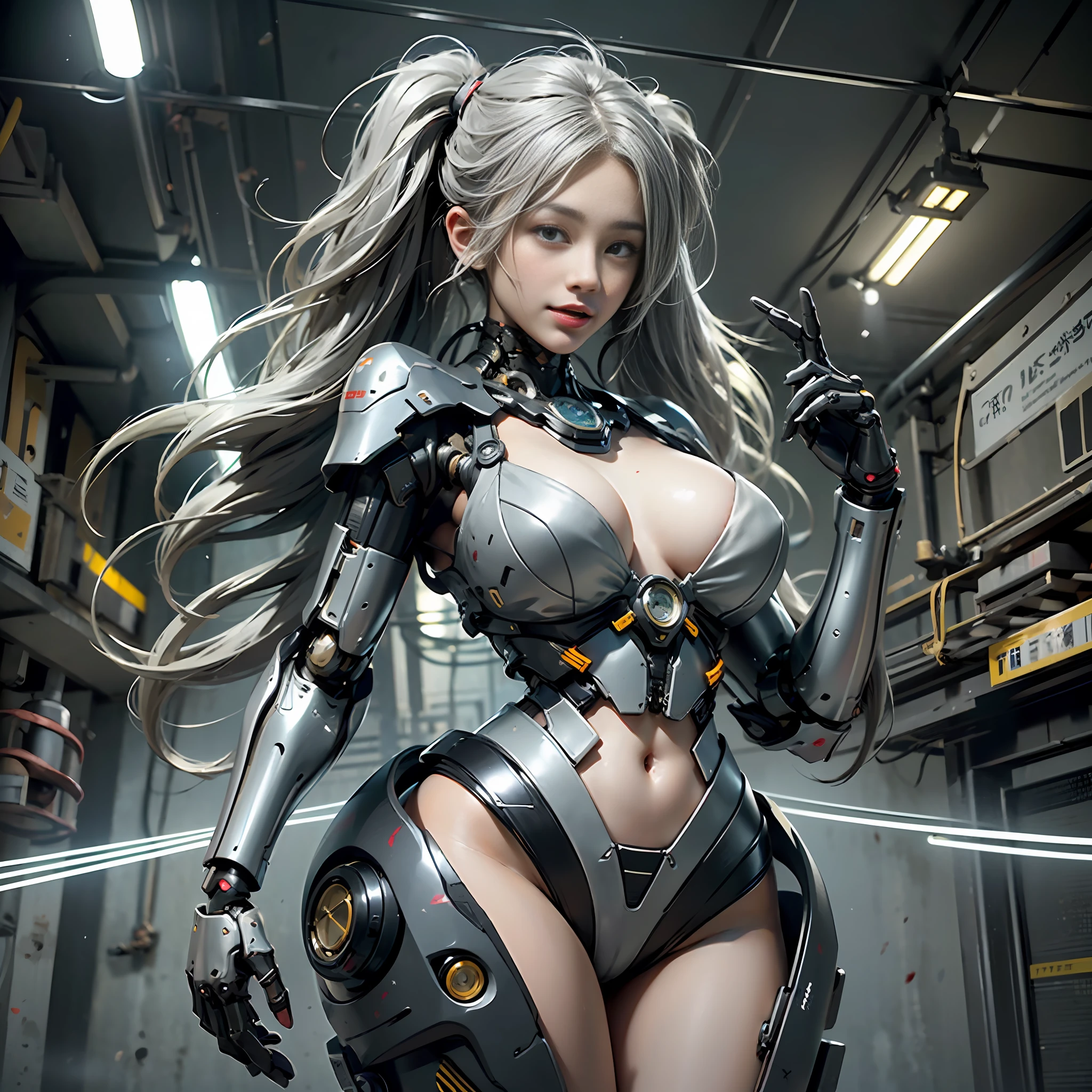 Beautiful Face,face is Japan, 1 Woman, Big, Curvaceous, (16k, RAW photo, top quality, masterpiece: 1.2), (HDR, Realistic, Photorealistic: 1.37) (tube attached to the body), (Bikini Cyborg robot parts)))), (light gray hair), Long hair, Wavy hair, Twin tails, Medium shot, ( Seductive smile)), (black eyes), double eyelids, princess cut, from below, (whole body),posing,,in the lab,( tube connected to blood vessel),((mechanical vertebrae attached to the back)),((mechanical neck attached to the neck)),(wire and cable attached to head and body),(character focus),science fiction,perfect female figure,perfect anatomy, hyperanatomy, full body shot, relationship between up to 4 fingers and 1 thumb, spherical joint,