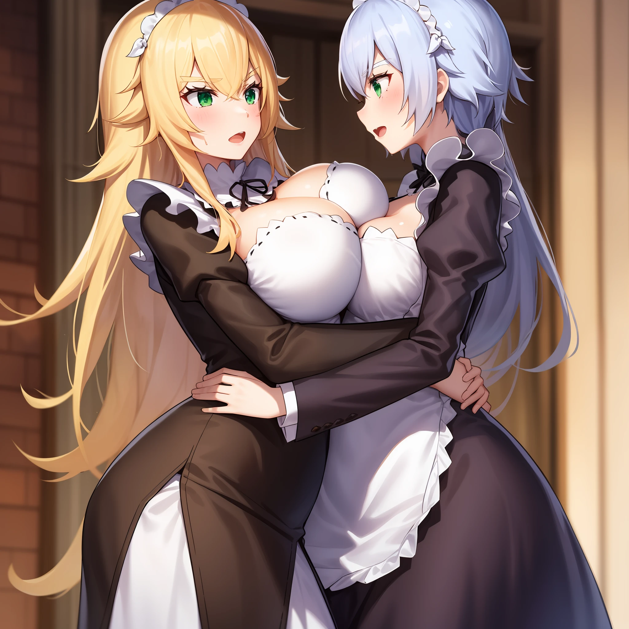 2 girls, maid suit,tall woman,fair skin, maid suit,long blonde hair,emerald green eyes,big breasts, short silver blue hair, soft scarf, rimuru slime, hugging