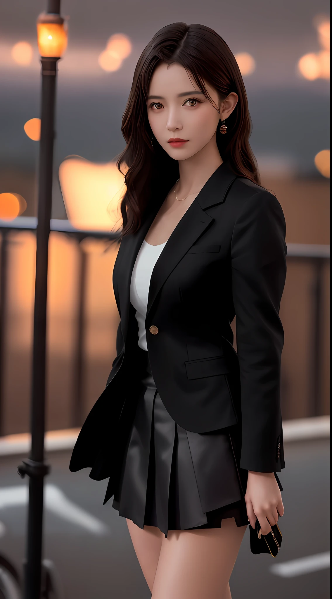 best quality, masterpiece, 1girl, Beautiful face, (photo realistic:1.3), rim lighting, (high detailed skin:1.2), 8k uhd, dslr, high quality, high resolution, 4k, 8k, Bokeh, absurdres, best ratio four finger and one thumb, (realistic:1.3), cute 1girl, wearing black formal blazer, medium breasts, short skirt,