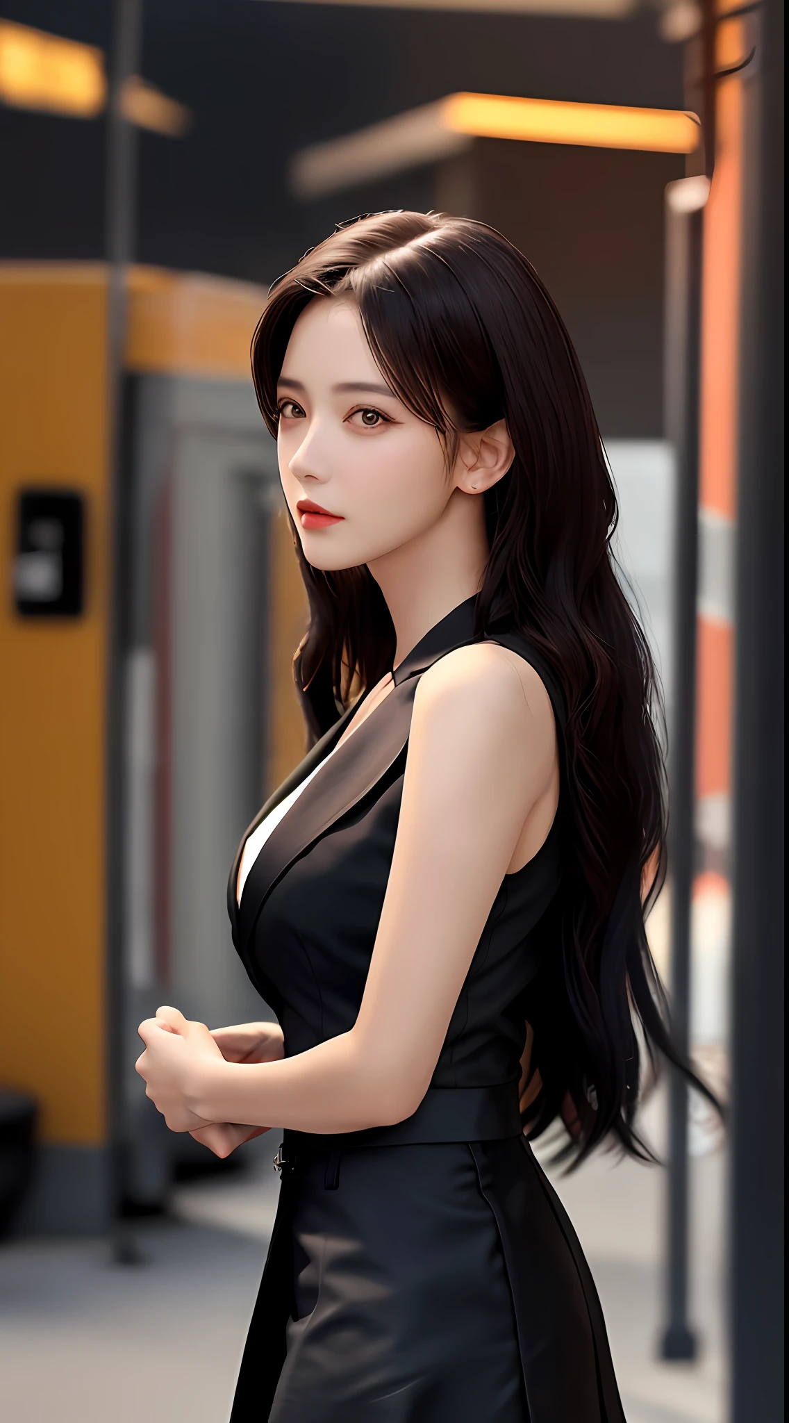 best quality, masterpiece, 1girl, Beautiful face, (photo realistic:1.3), rim lighting, (high detailed skin:1.2), 8k uhd, dslr, high quality, high resolution, 4k, 8k, Bokeh, absurdres, best ratio four finger and one thumb, (realistic:1.3), cute 1girl, wearing black formal blazer, medium breasts, short skirt,