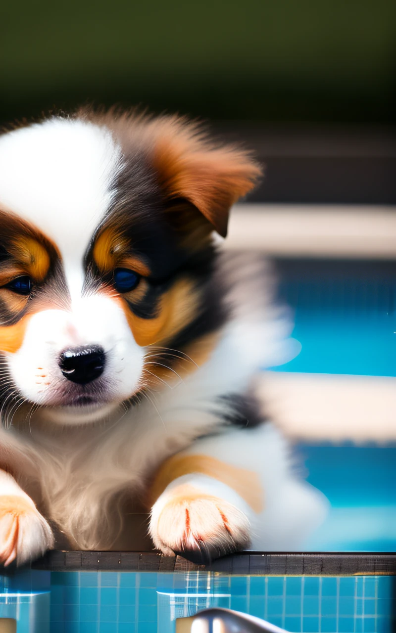 hyper Quality,Cute two Shetland Sheepdog puppies,different body colors,swimming in the pool,black eyes,barking,narrow eyes,smile,eos r3 28mm