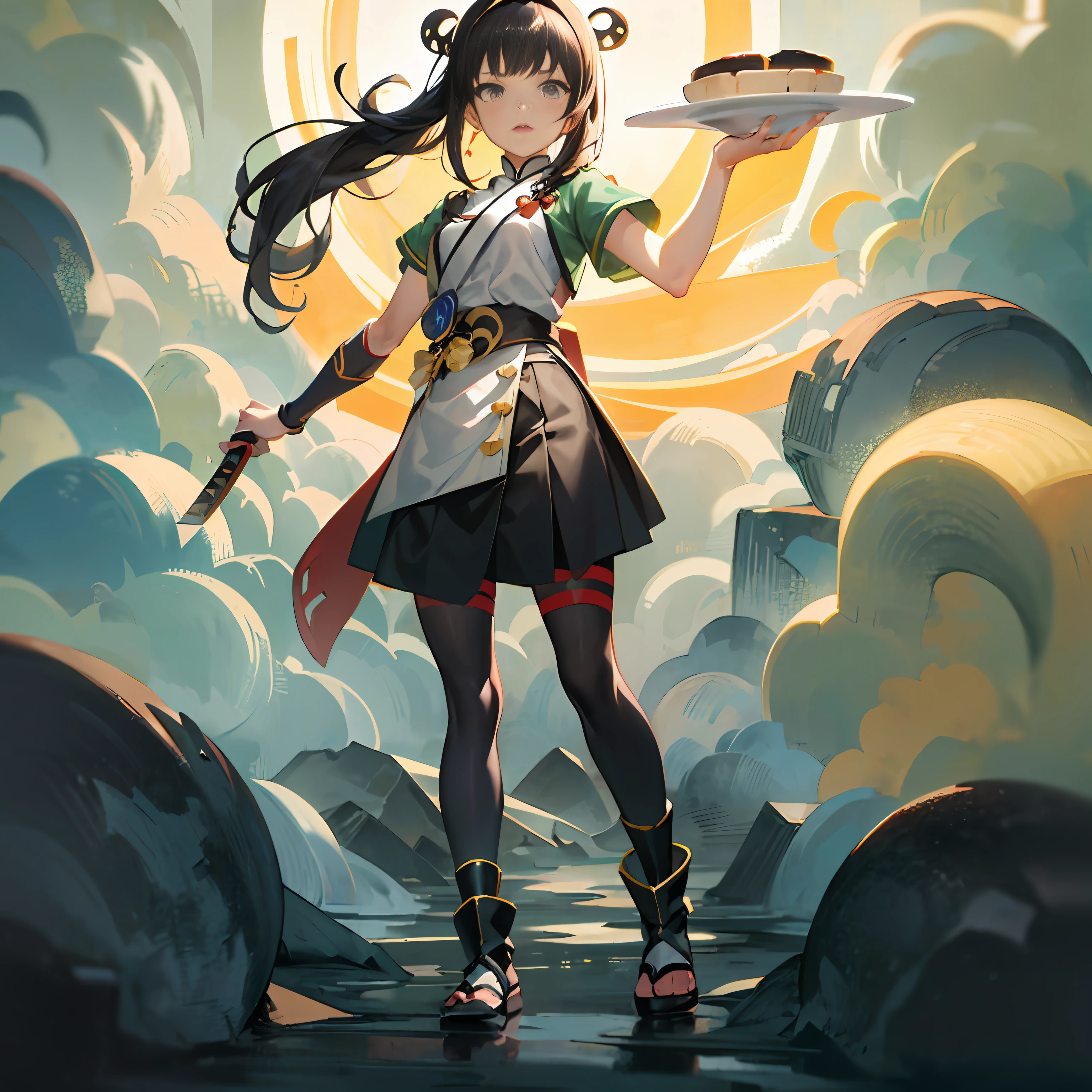 anime girl in a green shirt and black skirt holding a plate, full body xianxia, official character art, official art, maya fey from ace attorney, hq artwork, inspired by Takehisa Yumeji, yayoi kasuma, inspired by Pu Hua, sha xi, katana zero video game character, harumi, tsugumi ohba