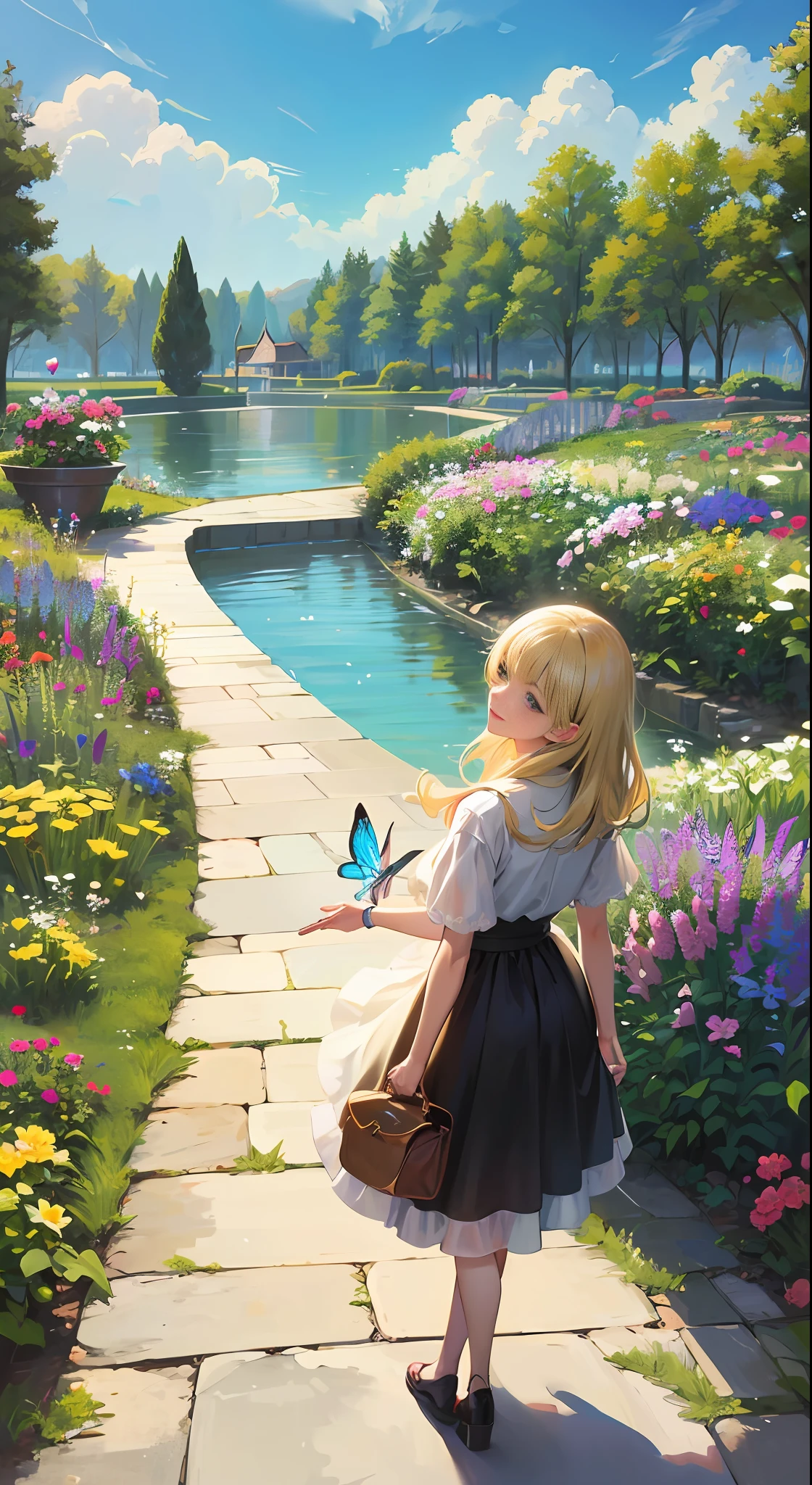Estrelita guided the two sisters down a secret path, leading them to an even more stunning part of the garden. There, they discovered a lake of crystal clear waters, surrounded by luminous flowers that emitted a sweet and comforting aroma. Butterflies flew around, creating a spectacle of color and movement. Illustration of "happy" in a flower garden. Blue sky of clouds tending the garden with butterflies. Beautiful illustration, beautiful painting, beautiful UHD 4k art, beautiful art, a beautiful art illustration, guweiz style art, beautiful painting, atey ghailan 8k, artgerm and atey ghailan, (long blonde hair) taking care of butterflies, (butterflies). (best quality, masterpiece), happy, particle, wind, flower, full body, garden background, looking at butterflies. --auto