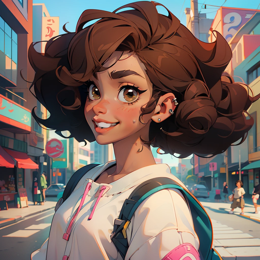 ((masterpiece)), ((best quality)), ((anime profile style)), ((brown skin)), a 20 year old girl, ((female face)), ((light brown eyes)) , ((perfect)), eyebrow, nose, ear, ((ear piercing)), mouth, smile, ((teeth showing)), ((curly hair)), neck, shoulders, arms, ((long-sleeved shirt )), ((sweatpants)), ((sneakers)), backpack, background scenery