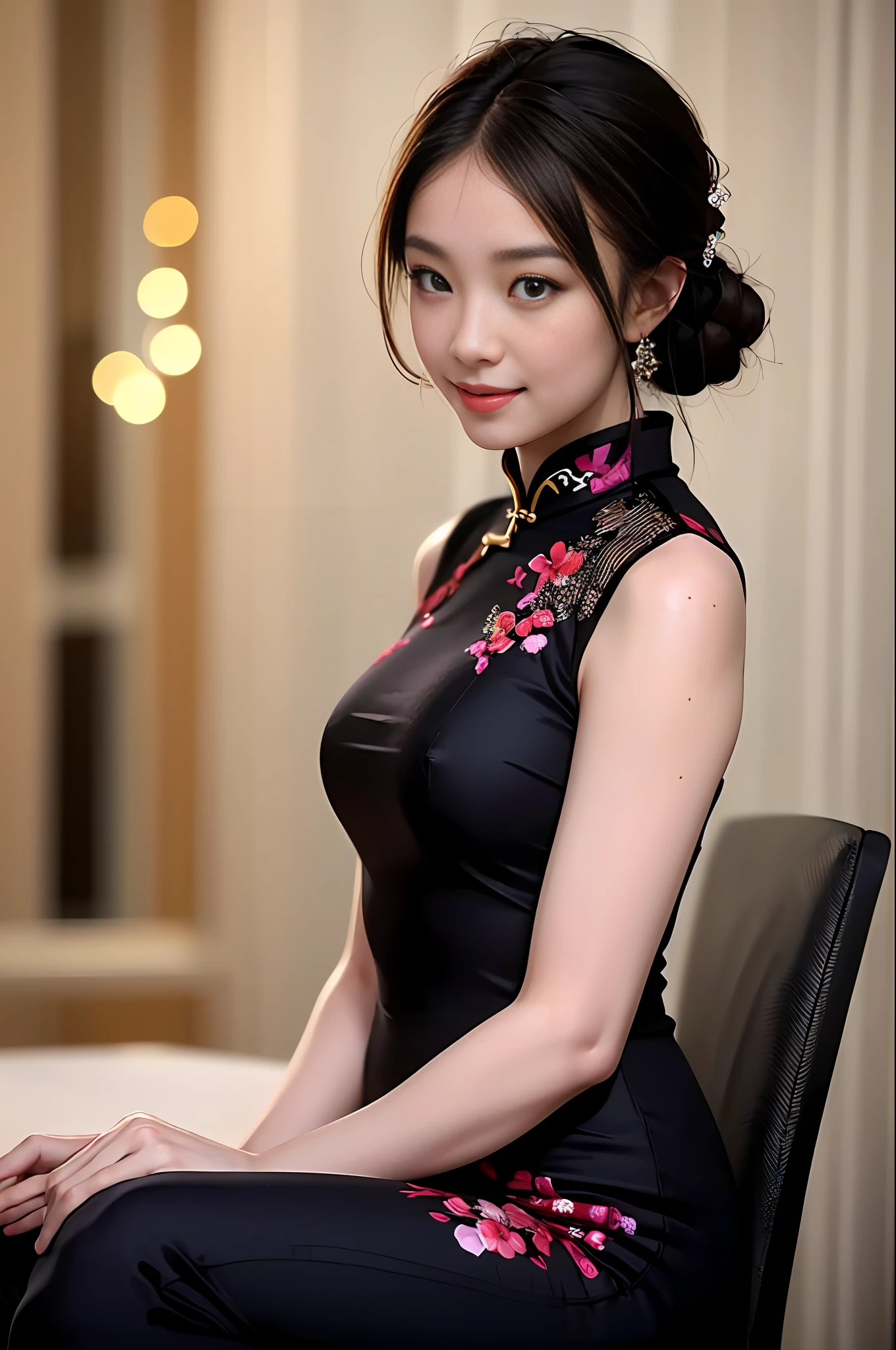 1girl, (looking at viewer), (bokeh:1.1), closed mouth,light smile, realistic, sitting_on_chair, qipao,
pants, skyline,
realistic, llfnini