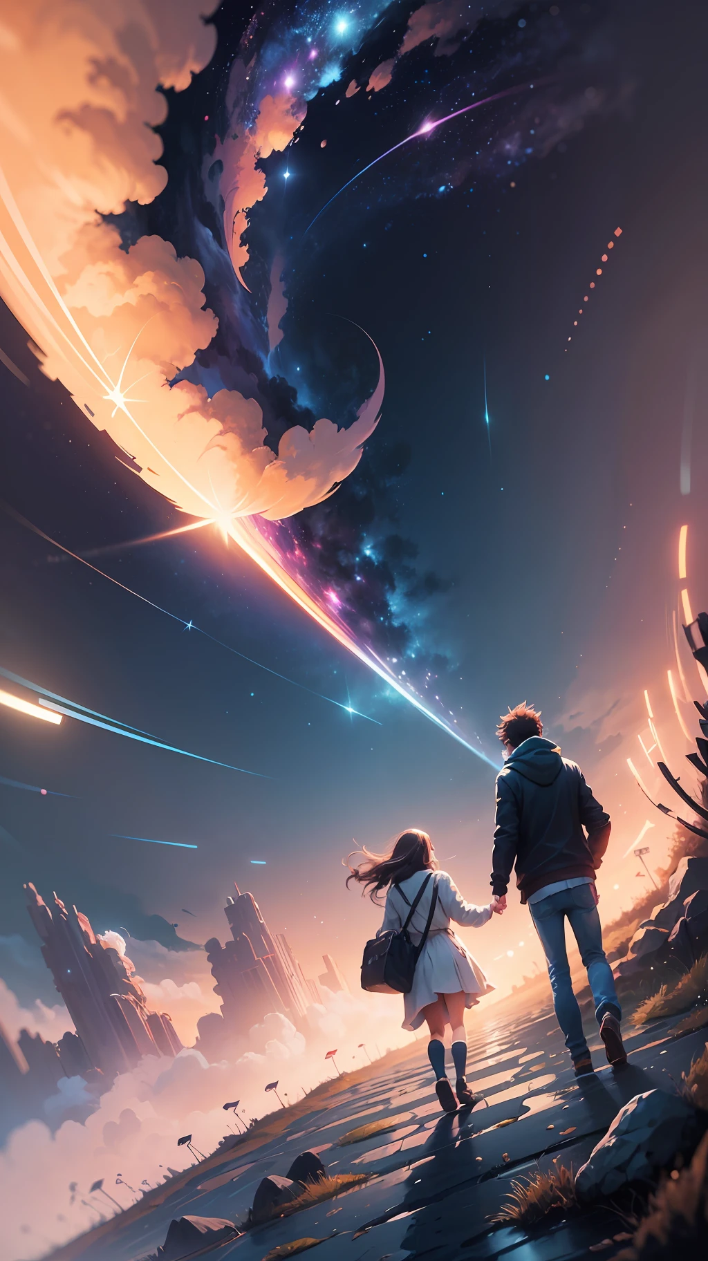 anime scene of a couple of people standing under a starr sky, 4k highly detailed digital art, beautiful art uhd 4 k, makoto shinkai cyril rolando, inspired by Cyril Rolando, anime art wallpaper 4k, anime art wallpaper 4 k, starry sky 8 k, cyril rolando and goro fujita --auto --s2