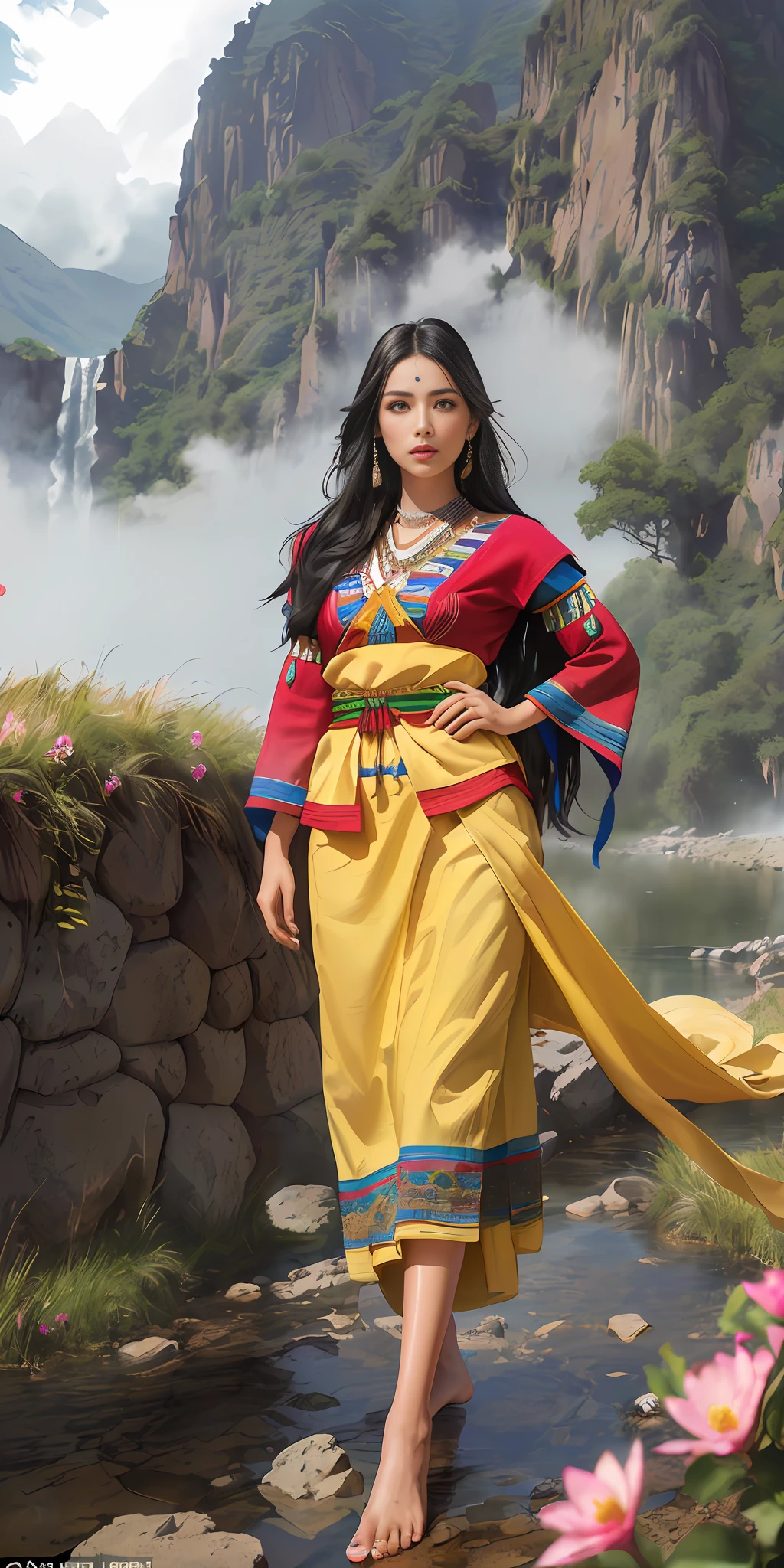 ((realistic: 1.5)),((better quality)), ((masterpiece)),((detailed)), (1girl: 1.3), solo, (((extremely detailed face))),(((extremely detailed eyes and face))), beautiful detailed eyes, 8k unified wallpaper, super detailed, beautiful and aesthetic, beautiful, masterpiece, best quality, raw, masterpiece, super fine photo, best quality, super high resolution, photorealistic realism, sunlight, full body portrait, amazing beauty, dynamic pose, delicate face, vibrant eyes, (from the front), (1 Inca woman in Inca costume long skirt with colors red blue white and pink not green, {a beautiful Inca woman dressed in traditional Inca dress typical costume of the woman of Cusco Peru, super wide angle lens, facial focus, mature, sexy, toned muscles, long legs, curves, barefoot, full Inca costume, thick thighs, wide hips, slender legs, dark eyes, perfect eyes, long black hair, floating hair, long eyelashes, Peruvian native skin, (detailed face, beautiful eye, detailed pupils, detailed features of Inca clothing, light background: 1.3), mysterious ancient Inca ruin, lush forests, deep canyons, bridge, river, cliff, cloud, lakes, rock, waterfalls, flowers, grass, fog, vine, tree, smoke, best shadow, bright details, sharp, perfect composition, intricate, sharp, sharp, dramatic focus, (specular lighting: 1.3), edge light, Inca landscape, fully dressed,