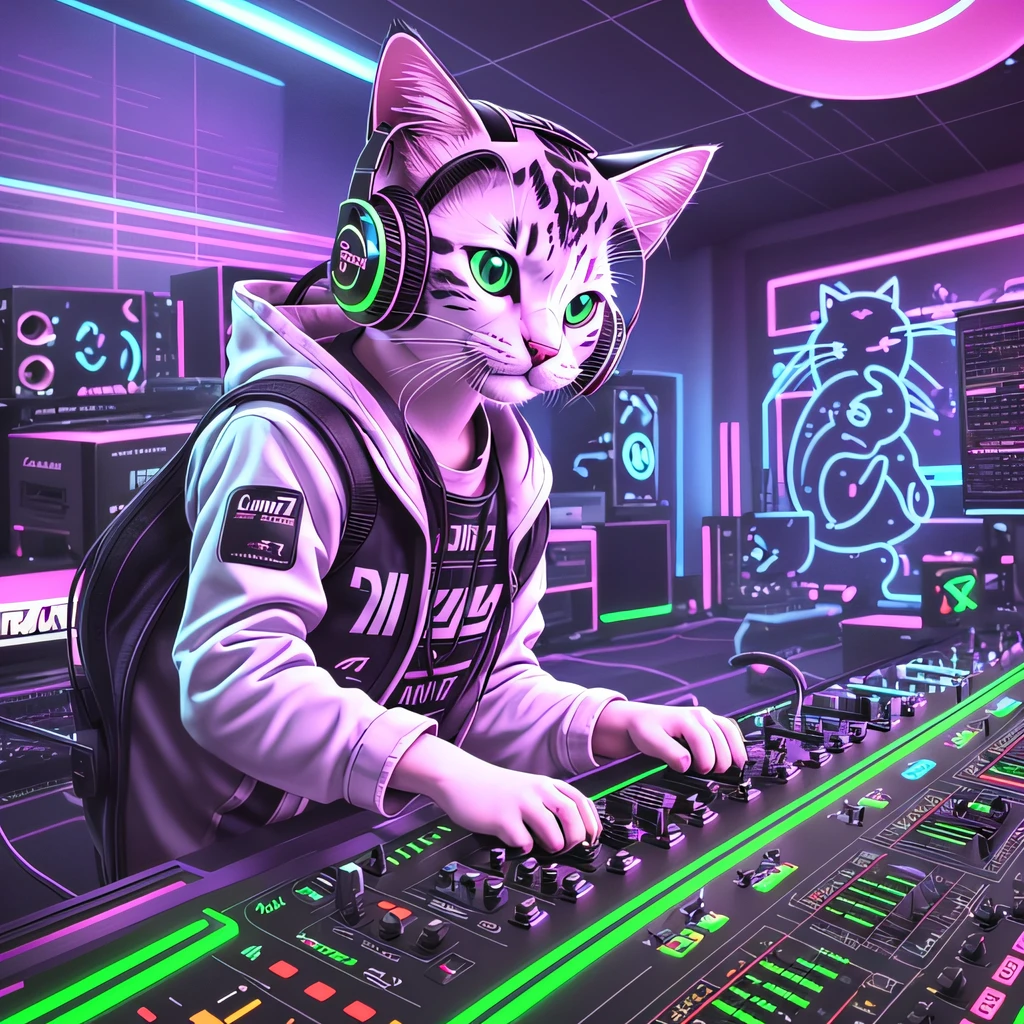 c4ttitude, blue, standing on a DJ stage with a stage and wearing a performance costume. The cat-like man has a rose in his mouth and is wearing headphones, with his right paw spinning the record and his left paw resting on the headphones. The background is filled with vibrant lights.