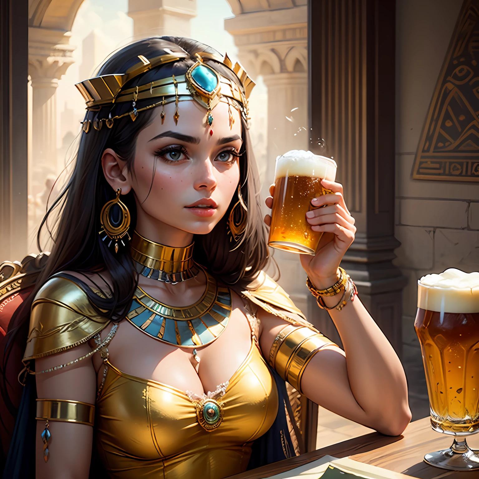 Create an image depicting the legendary Egyptian queen Cleopatra in a moment of celebration, enjoying a beer. Portray Cleopatra with elegance and majesty, wearing royal costumes and iconic adornments that reflect her position as Queen of Egypt. She must hold a glass or glass of beer in her hands as she toasts to life and power. Pay attention to facial details, capturing Cleopatra's seductive beauty and confident expression. Create a lush setting, with elements inspired by the culture and architecture of ancient Egypt, such as ornate columns, hieroglyphics on the walls, or Nile River landscapes in the background. Use a vibrant color palette to highlight the richness and opulence of the scene, incorporating both golden and earthy tones. Convey the aura of mystery and fascination that surrounded Cleopatra as she enjoys a moment of relaxation and pleasure with beer. Let your imagination flow and create a work that celebrates the strength and influence of this iconic queen of Egypt. --auto