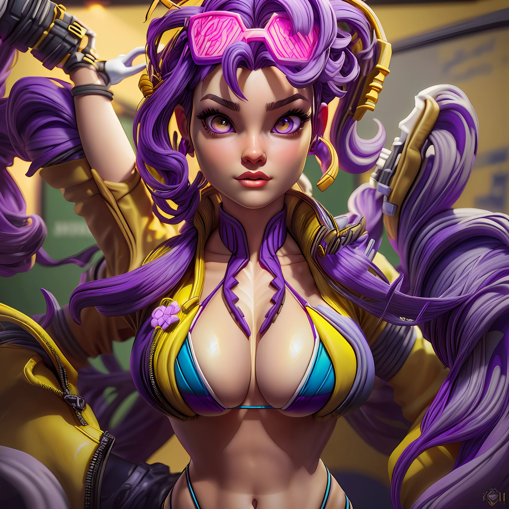 Jubilee wearing an (((open yellow jacket))), in a class room, blackboard, (((white girl))), (white skin:1.25), long purple hair in all background, (((extra long hair))), purple hair with ponytail, (paris brun) eyes, pink (((micro bikini))), exposed shoulders, cleavage, blue gloves, thigh highs, foreshortening, volumetric lighting, intricate details, tonemapping, sharp focus, hyper detailed, trending on Artstation