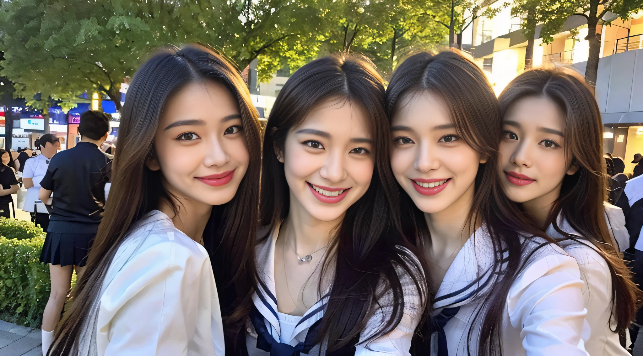 (8k, RAW photos, top quality, masterpieces: 1.2), ultra detail, super resolution, (real, real photos: 1.37), portraits, high-resolution RAW color photos, professional photos, (very beautiful and detailed night tree-lined avenue 1:1.37), (moon is a beautiful night)), full moon, very detailed and beautiful, ultra high image quality, schoolgirl in a sailor suit, amazing details, each characteristic face, Different face patterns, various hairstyles, brown hair fluttering in the night breeze, sexy with swaying hair, very detailed beautiful girl, (pink eye shadow), red tie, angel smile, super cute, so cute that it almost brings tears to my eyes, amazing workmanship, modern model, very detailed face very detailed eyes, very realistic skin, very detailed fingers, very detailed nose, very detailed mouth, perfect anatomy, Very detailed background,, gloss,, schoolgirl highly detailed clothes, teen, pretty girl, famous Japan idol, cute, lifelike body, slender, white skin, glowing skin, slim body, realistic face, delicate eyes, double eyelids, sailor suit, red ribbon, schoolgirl, fashionable uniform, good friends, celebrity level cuteness Multiple high school girls, camera gaze, boyfriend gaze, super high resolution, Realistic face with ultra-high resolution,