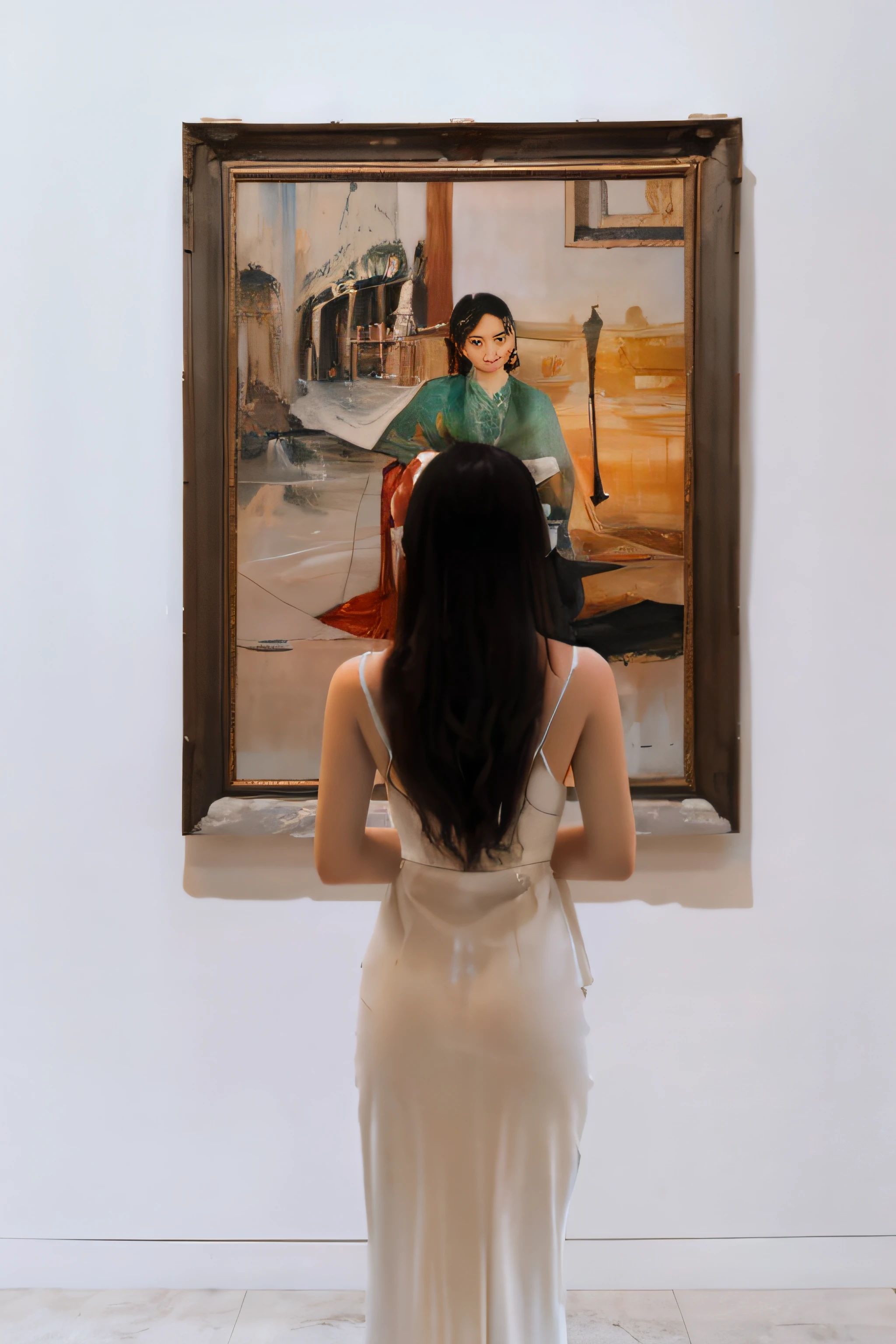 Korean sexy woman in white dress standing in front of a painting, girl in white dress, dancing in white dress, white dress, white silk, in art gallery], wearing white flowing dress, wearing cute white dress, Nico in white dress, soft silk dress, wearing white long dress, in the gallery, big eyes, watery big eyes