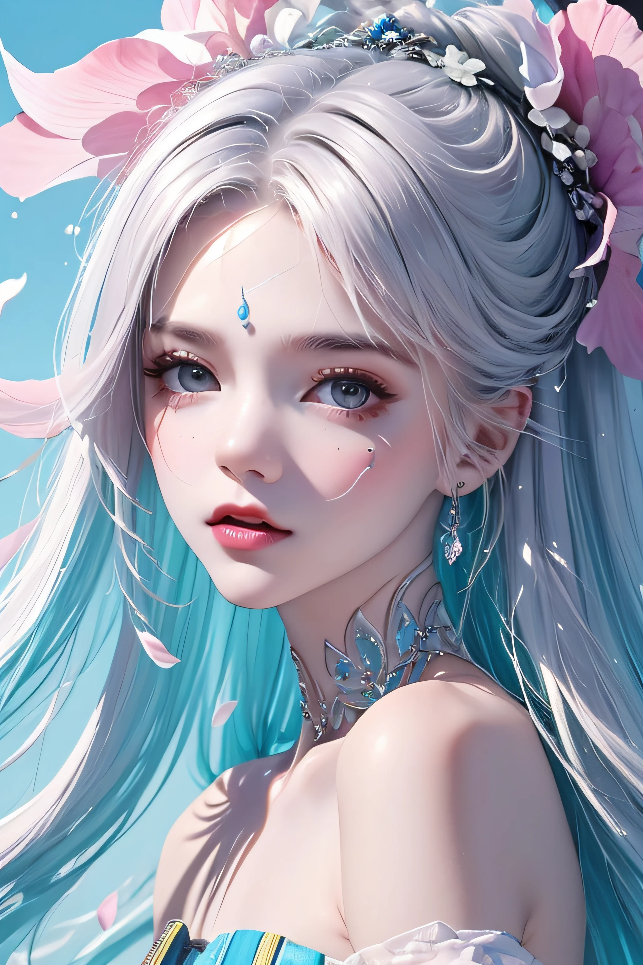 (Pink fashion T-shirt: 1.9), (Colorful hair: 1.8), (Rainbow all colors: 1.8), (((Vertical painting: 1.6))), (Painting: 1.6), Front, manga, illustration, painting, big eyes, crystal clear, (rainbow gradient high ponytail: 1.7), delicate makeup, shut up, (small freshness: 1.5), (bandeau: 1.6), long eyelashes, white off-the-shoulder T- shirt, White Shoulder Shirt, looking at the audience, Big watery eyes, (rainbow hair: 1.6), color splash, (solo:1.8), color splash, color explosion, colour splash, color explosion, thick lacquer style, messy lines, ((shining)), (colorful), (colorful), (colorful), colorful, Thick Paint Style, (Splash) (Color Splash), Vertical Painting, Upper Body, Paint Splash, Acrylic Pigment, Gradient, Paint, Highest Image Quality, Masterpiece, Solo, Depth of Field, Face Paint, colorful clothes, (elegance: 1.2), gorgeous, long hair, wind, (elegance: 1.3), (petals: 1.4), ((masterpiece))), ((best quality))), (ultra-detailed), (illustration), (dynamic angle), (floating), (paint), ((loose hair)), (solo), (1girl), ( ( ( detailed anima face))), (( Beautiful detailed face)), collar, exposed shoulders, white hair, ((colored hair)), ((striped hair)), beautiful detailed eyes, (gradient eyes), (colored eyes))), (colored background))), (high saturation))), ((surrounded by colorful splashes))),