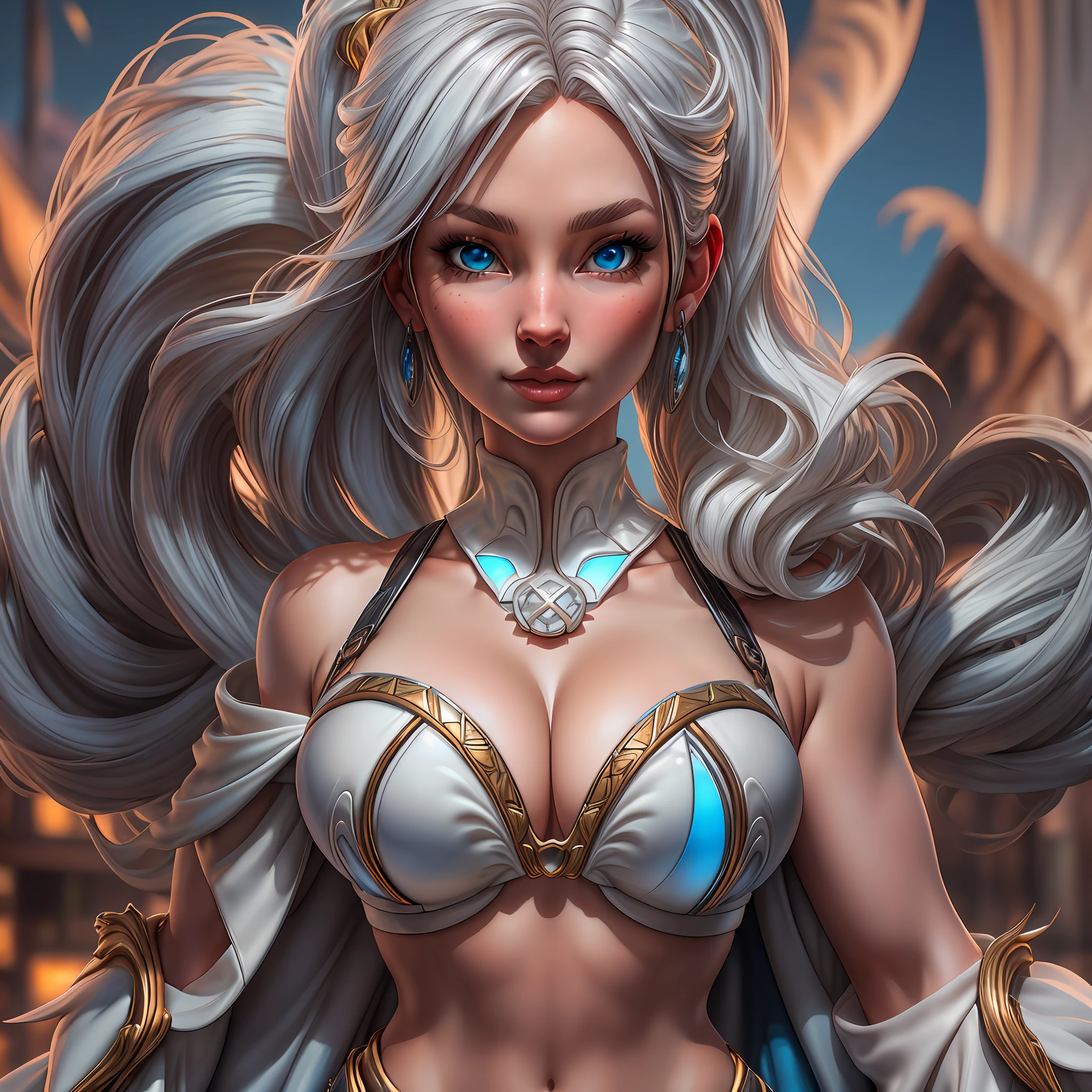 Emma_Frost, (((white girl))), (white skin:1.25), long (white|silver) hair in all background, (white|silver) hair with ponytail, (bright blue) eyes, (sky blue) bikini with gold details, mature woman, milf, thick, midriff, cloak, exposed shoulders, cleavage, gloves, thigh highs, foreshortening, on a mountain, volumetric lighting, intricate details, tonemapping, sharp focus, hyper detailed, trending on Artstation