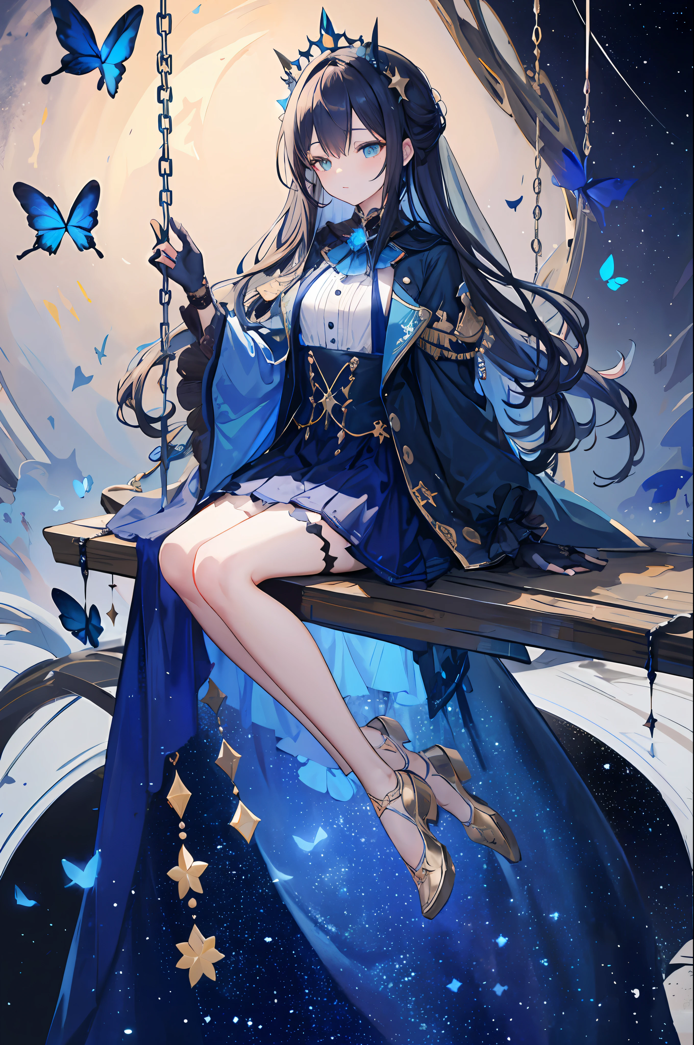 ((Super Detailed)),((Illustration)),((Masterpiece)),(Excellent))),((Beautiful and Detailed Eyes)),(Extremely Detailed CG Unity 8k wallpaper, Best Quality, Masterpiece),((4K, Masterpiece, Best Quality)), A woman with a sisterly feel but a little mature, long dark blue hair, long hair up to the waist, loose hair, shawl, emerald green eyes, (single), full of stars, left hand slightly raised, left ring finger with ring, dark blue oversized swing princess dress, Wearing a dark blue trench coat, stars hidden under the skirt, dark blue butterflies flying around, garden theater background, star curtain, wearing a dark blue veil with stars, suspender stockings, closed eyes and sleeping peacefully, right hand with gradient blue star gloves, (full body picture), smaller eyes, (beautiful face: 1.2), (flowing hair: 1.2), (gorgeous starry sky background))