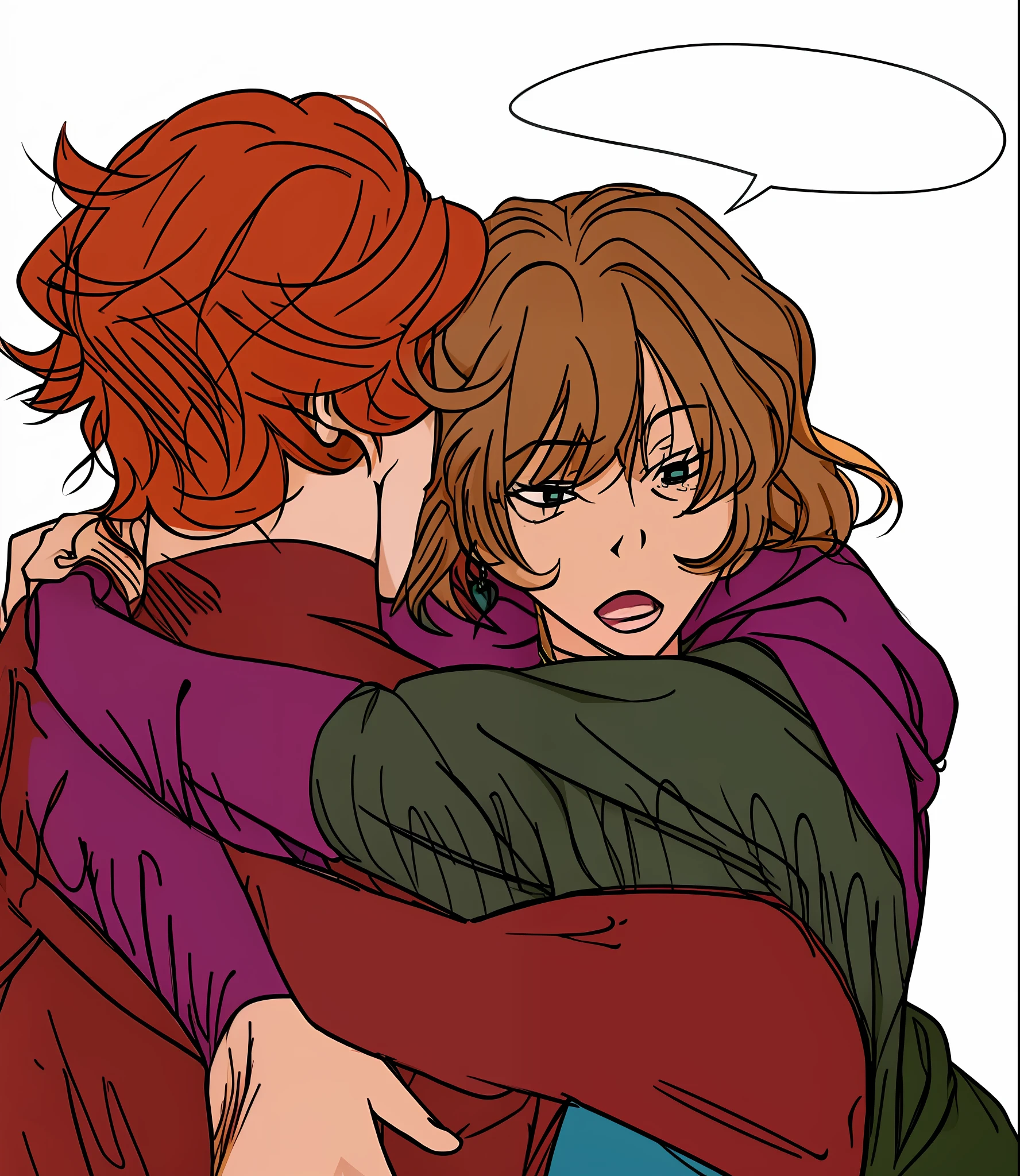 there is a cartoon of a couple hugging each other, colored screentone, coloured line art, digitally colored, coloured lineart, colored sketch, colored lineart, high quality colored sketch, woman holding another woman, arm around her neck, hugging each other, clean lineart and color, embrace, hugging, full color illustration
