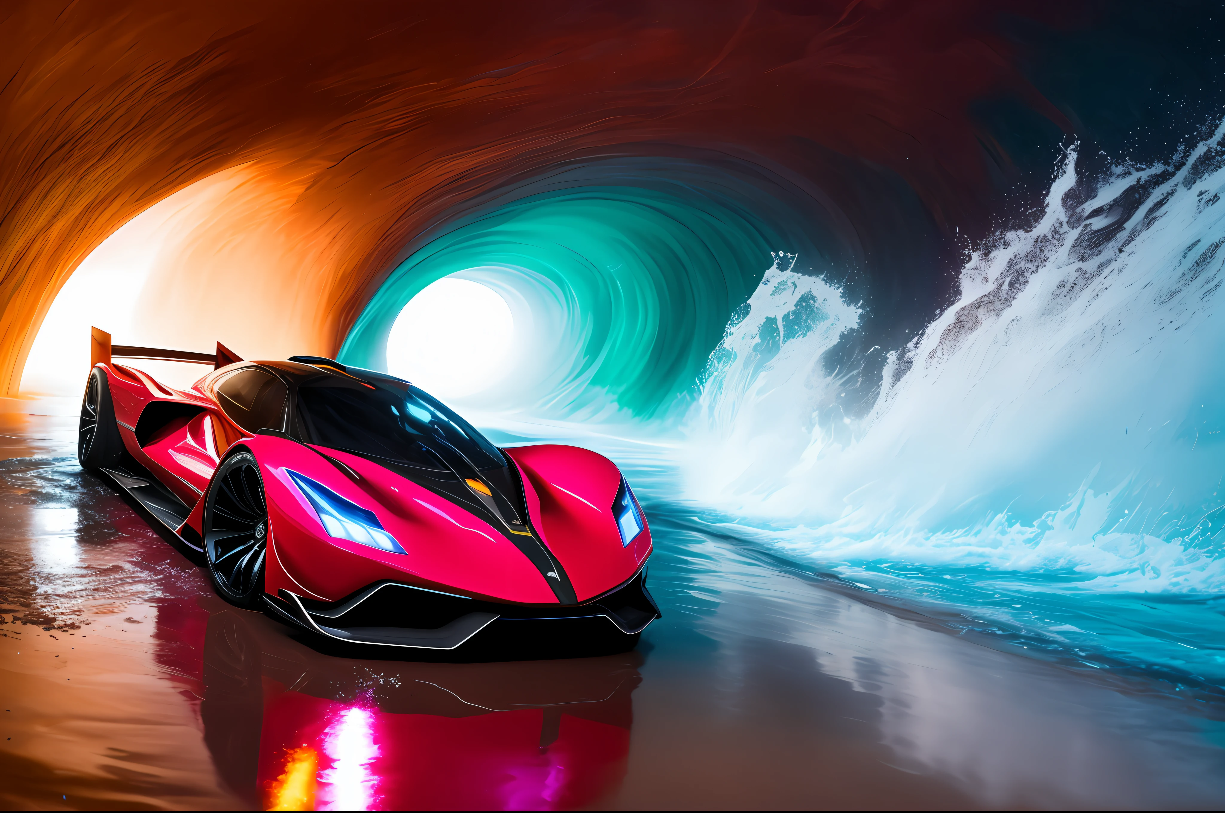 (Liquid Splash Fluid Art:1.2) Crimson Blur: A hypercar, a marvel of engineering painted in an electrifying shade of crimson, blazes through a tunnel filled with a mysterious, luminescent liquid. The liquid parts before the speeding car, creating a rippling wave of azure light. Captured using Cinema 4D's fluid dynamics at an aperture of f/2.8, ISO 400, and a shutter speed of 1/60 sec, the scene showcases the clash between raw speed and liquid tranquility. The final image, enhanced with Gamma Correction and Tone Mapping, presents an adrenaline-infused spectacle, inspired by the styles of Alex Roman and Beeple.