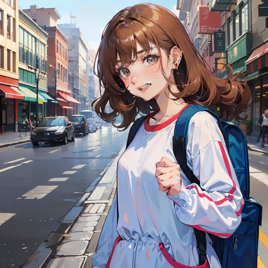 ((masterpiece)), ((best quality)), ((anime profile style)), ((tiny bunny)), ((polina_morozova)), ((brown skin)), a girl 20 years old, ( (female face)), ((light brown eyes)), ((perfect)), eyebrow, nose, ear, ((ear piercing)), mouth, smile, ((teeth showing)), ((curly hair) ), neck, shoulders, arms, ((long-sleeved shirt)), ((sweatpants)), ((sneakers)), back pack, background scenery