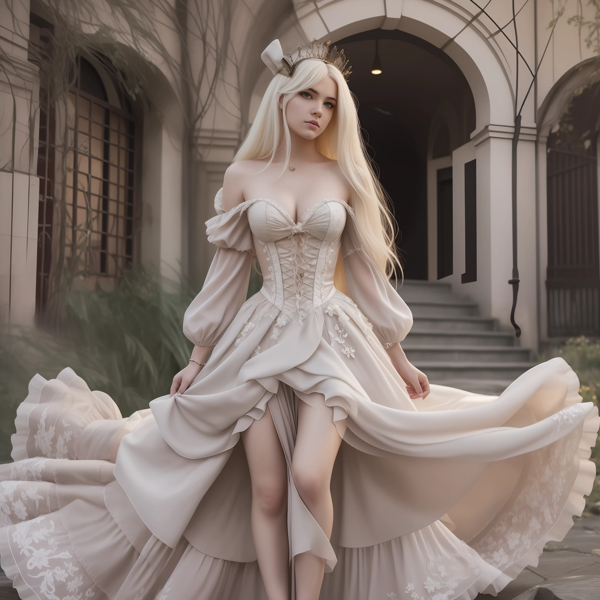 Full Body,Full Body Shot,(Complex Details), 19 years old, Mysterious Beautiful Girl,Perfect Face, Makeup:1.5, Bright On Face, Facial Detail, Long Hair,Platinum Blonde Hair,Straight Hair,Steampunk,White Princess Dress,um Home Defense, Conceptual Art, Realism, Godley, Movie Lighting, Multiview, Canon, High Detail, high-quality, HD, 16k