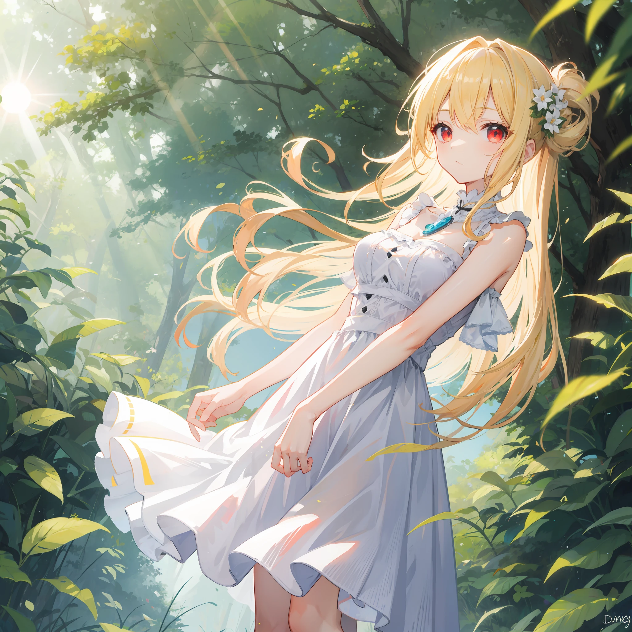 anime, blonde and red-eyed girl, dress, one, solo, sun, daylight, in the forest