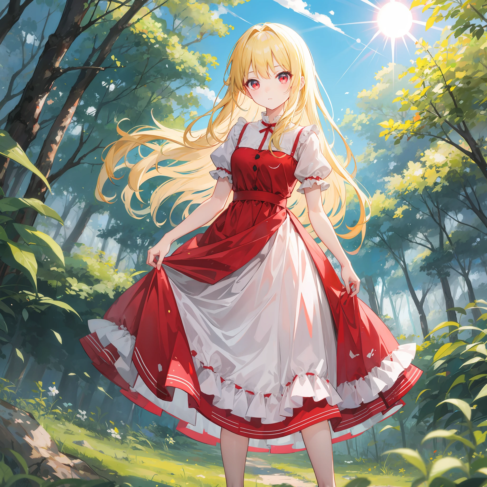 anime, blonde and red-eyed girl, dress, one, solo, sun, daylight, in the forest