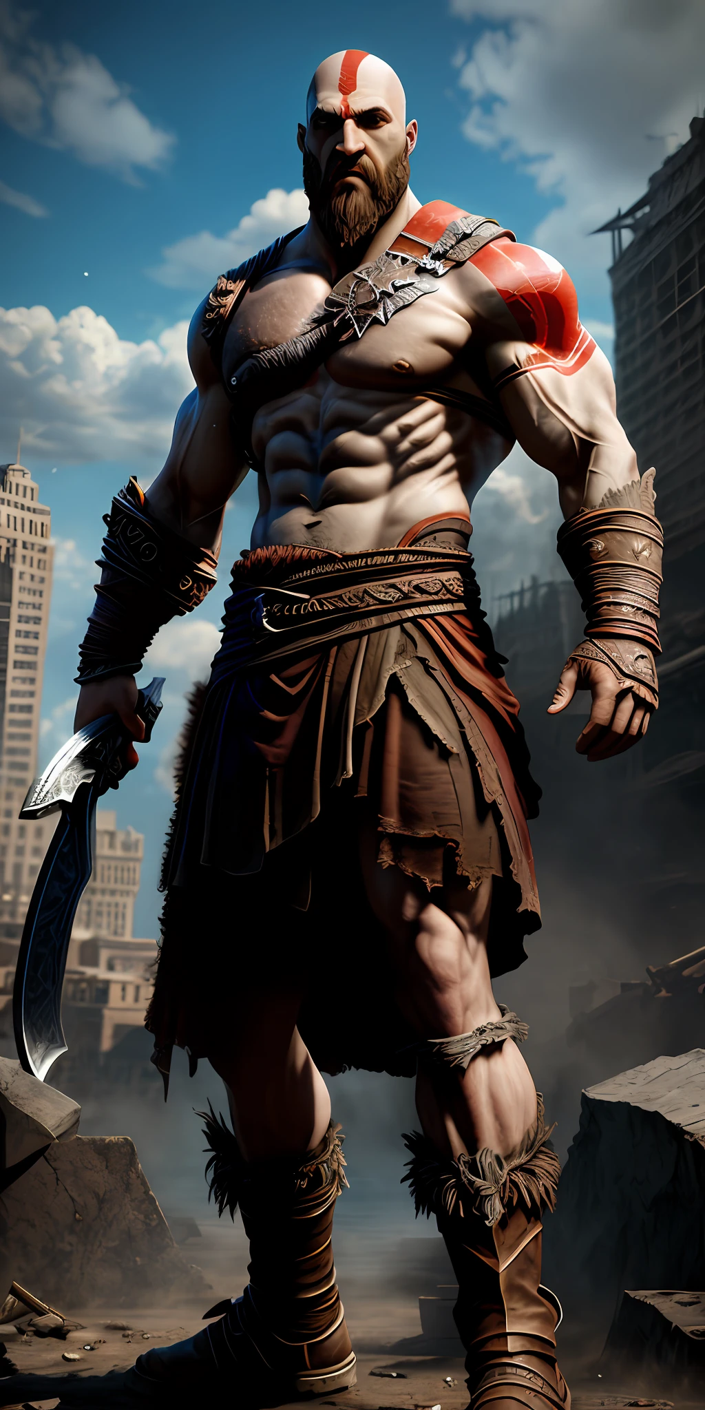 front view kratos god of war ((super strong)), masterpiece, best quality, ultra-detailed, ground, destroyed city background, shadows, contrast, clear sky, style (look at viewer: 1.2) (skin texture) (film grain: 1.3), ultra-high resolution, octane render, 16k