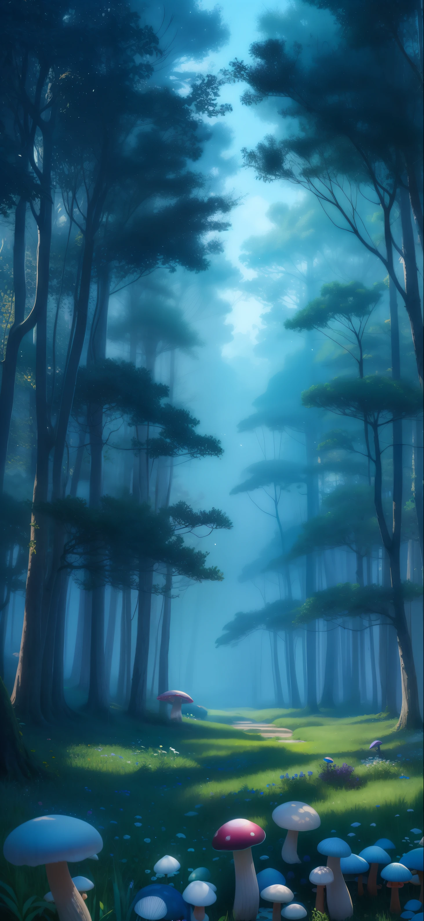 mushroom forest, with huge, spacious, blooming trees, living forest, with varying shades of blue, magical creatures roaming the immense forest