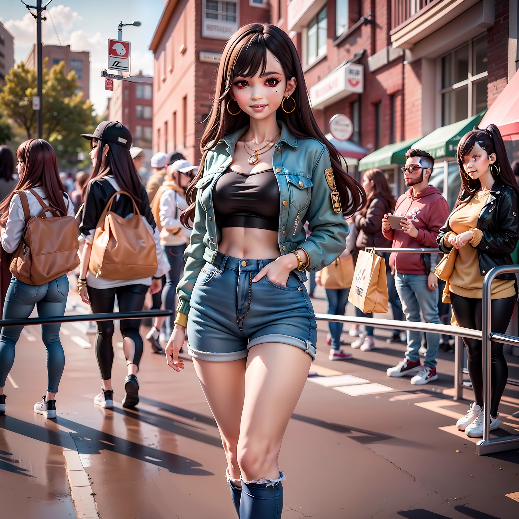 smile,standing, stepping on a green lawn, intensely black hair, hyper detailed hair, with orthodontic braces on the teeth, rounded face, denim jacket, black shirt, black pants,beautiful detailed digital art, digital cartoon painting, cute portrait, realistic cute girl painting, girl portrait, realistic art style, realistic art style, realistic digital art 4k,  4k realistic digital art, stunning art style, digital painting style, photorealistic art style, beautiful digital art, cartoon art style, long hair, side bangs,extremely important to be full body, standing, looking at viewers, striking black eyes, long eyelashes, black eyelashes, on the feet sneakers in jeans color, masterpiece, 🤤  best quality, young girl, drill hair, realistic detailed hair strands, mesugaki smile, shiny skin, (nice leg line: 1.3), chubby waist, big breasts, BREAK, knee high_boots, black pants, gold_hoop_earrings, chain_bracelet, BREAK around the crowd: 1.1, depth of field, looking at the viewer, front, full body:1.3, body fully framed in photo,  wearing black pants, full body visible