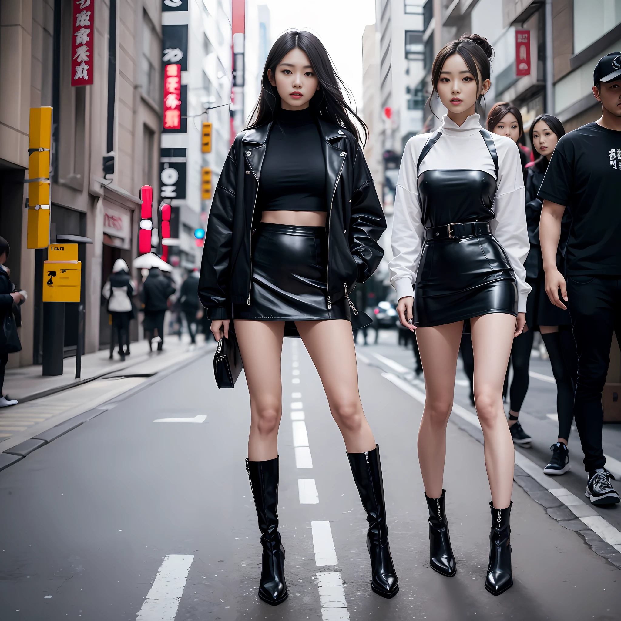 A woman in a white top and black boots standing on the street, Chinese female fashion model, black tights, short skirt and short jacket, Japanese city street fashion, black pink Rosan Park, she wears streetwear, Japanese street fashion, Tokyo fashion, woman in streetwear, jacket and skirt, street fashion, Harajuku street fashion, beautiful woman walking in the wind, black gloves, knee-length red boots, tall, long legs, perfect body proportions, thin waist, tall, slender body, nine-headed body, Big eyes, beautiful and delicate face, perfect body details, perfect body proportions, perfect visual proportions, fashion shooting, glamorous, feminine, delicate, highlighting female curves, subtext: sexy, confident. Chinese woman --auto --s2