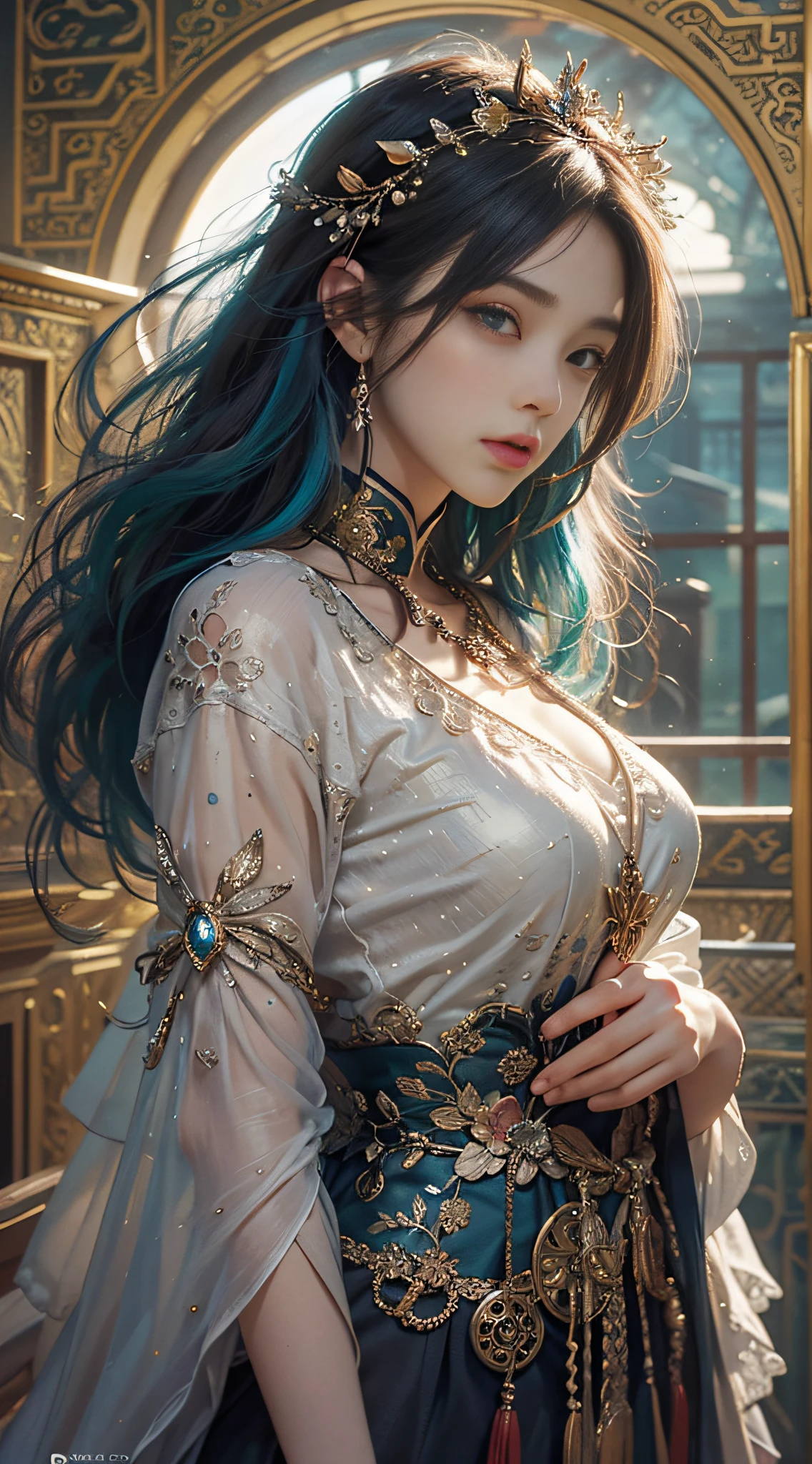 High quality, masterpiece, masterpiece, delicate facial features, delicate hair, 1 girl, delicate eyes, delicate colored hair, 4K picture quality, gorgeous light and shadow, (first-person_view), Tyndall effect, halo, messy hair, young state, gorgeous scene, exquisite clothes, chains, feathers, ancient Chinese beauty with big eyes very detailed, digital painting, art station, concept art, sharp focus, illustration, Greg Rutkovsky, Alphonse Artwork by Mucha and Victor Ngay