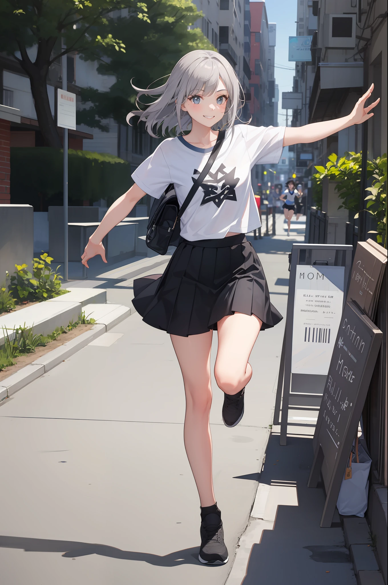 1 girl, smiling, shirt, skirt, (small) chillerism, gray hair, dashing and running, (moving),