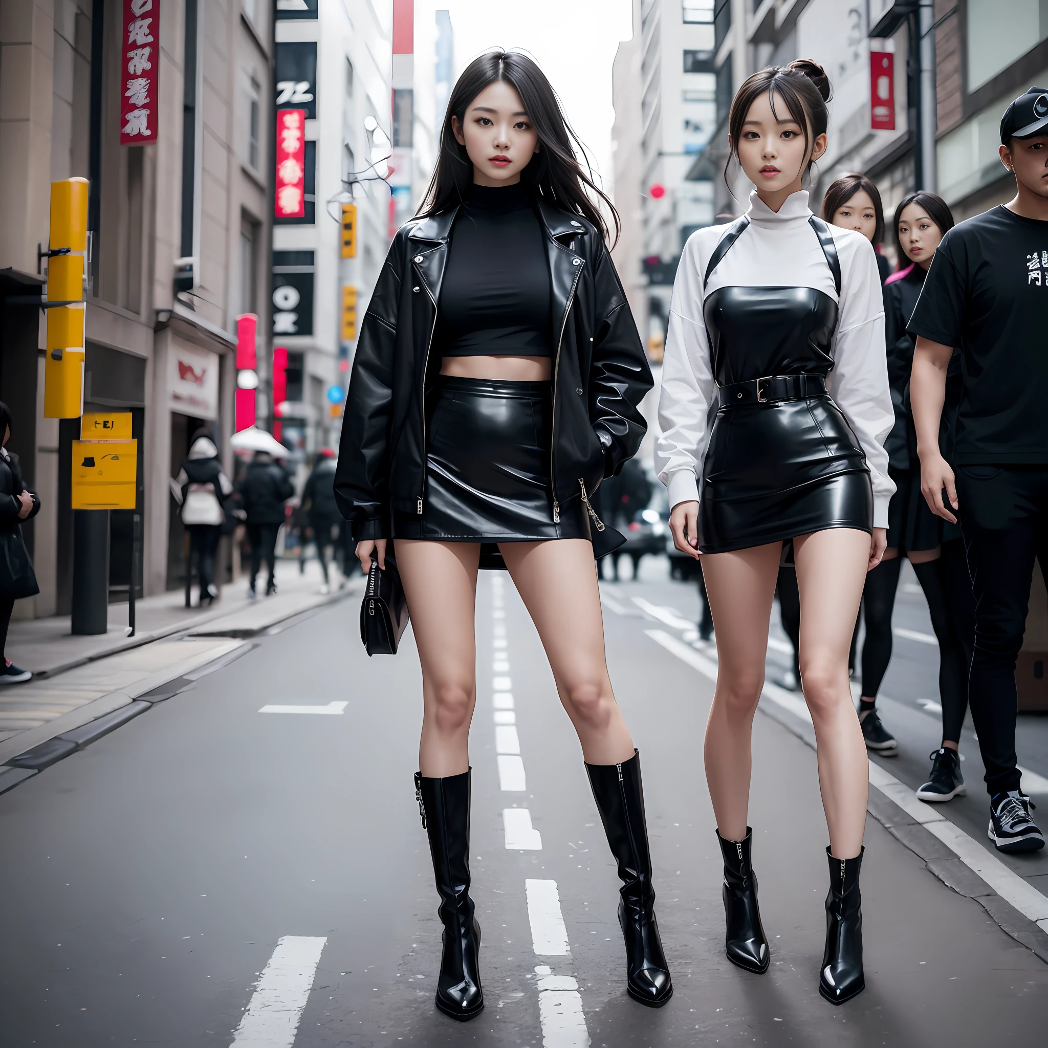 A woman in a white top and black boots standing on the street, Chinese female fashion model, black tights, short skirt and short jacket, Japanese city street fashion, black pink Rosan Park, she wears streetwear, Japanese street fashion, Tokyo fashion, woman in streetwear, jacket and skirt, street fashion, Harajuku street fashion, beautiful woman walking in the wind, black gloves, knee-length red boots, tall, long legs, perfect body proportions, thin waist, tall, slender body, nine-headed body, Big eyes, beautiful and delicate face, perfect body details, perfect body proportions, perfect visual proportions, fashion shooting, glamorous, feminine, delicate, highlighting female curves, subtext: sexy, confident. Chinese woman --auto --s2