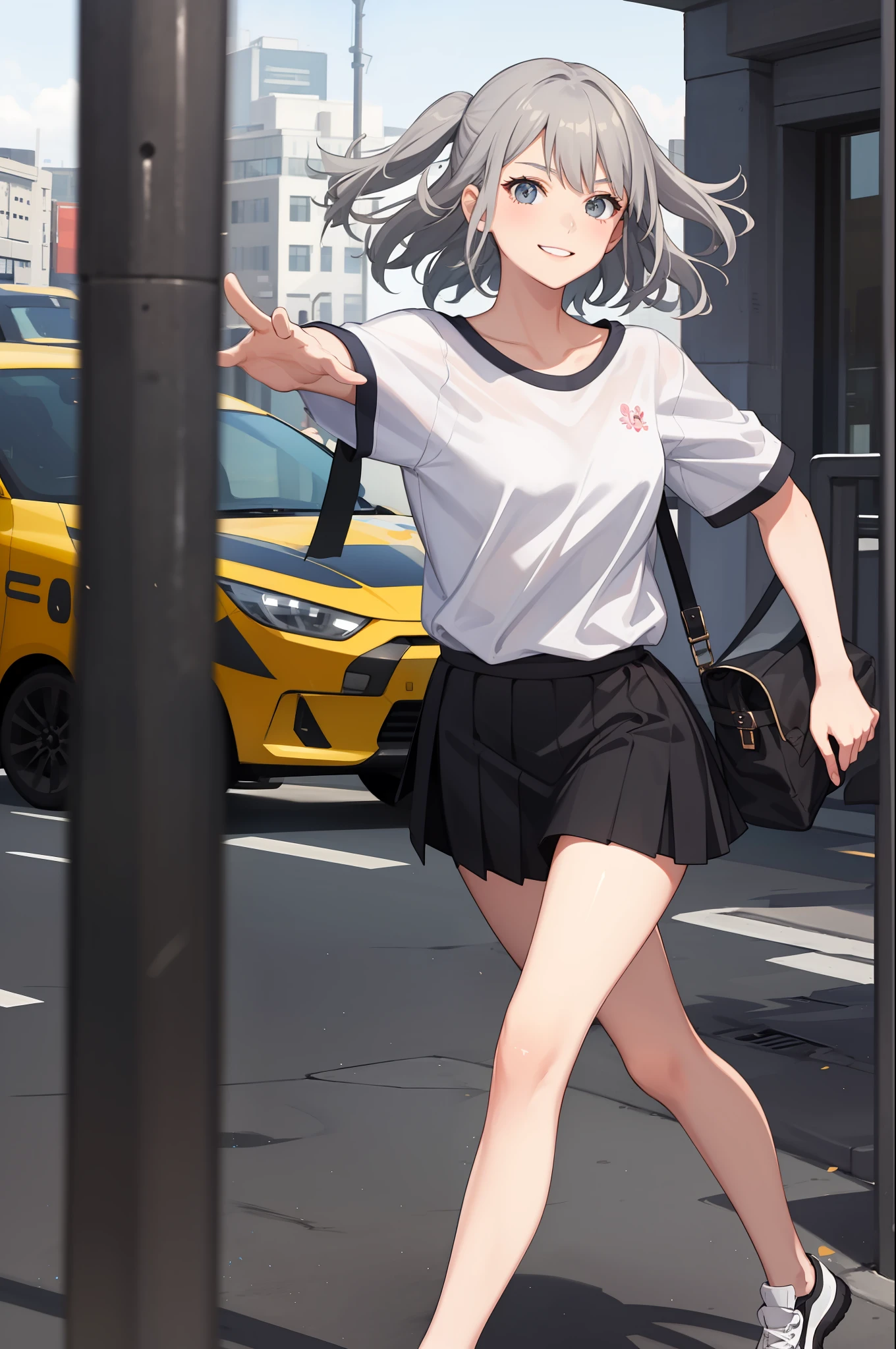1 girl, smiling, shirt, skirt, (small) chillerism, gray hair, dashing and running, (moving),